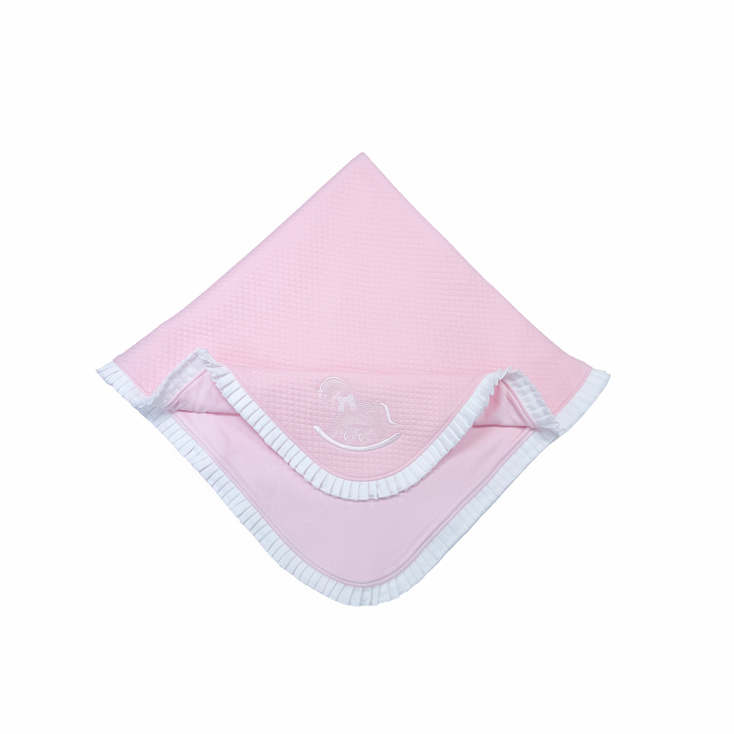 Luxury cotton weave pink baby blanket with volant frill trim – unfolded.
