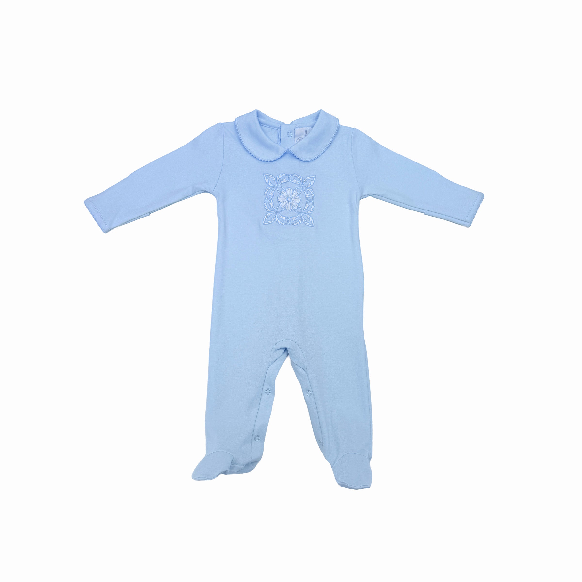 Blue baby boy babygrow with detailed 16.8k-stitch embroidery – front view.