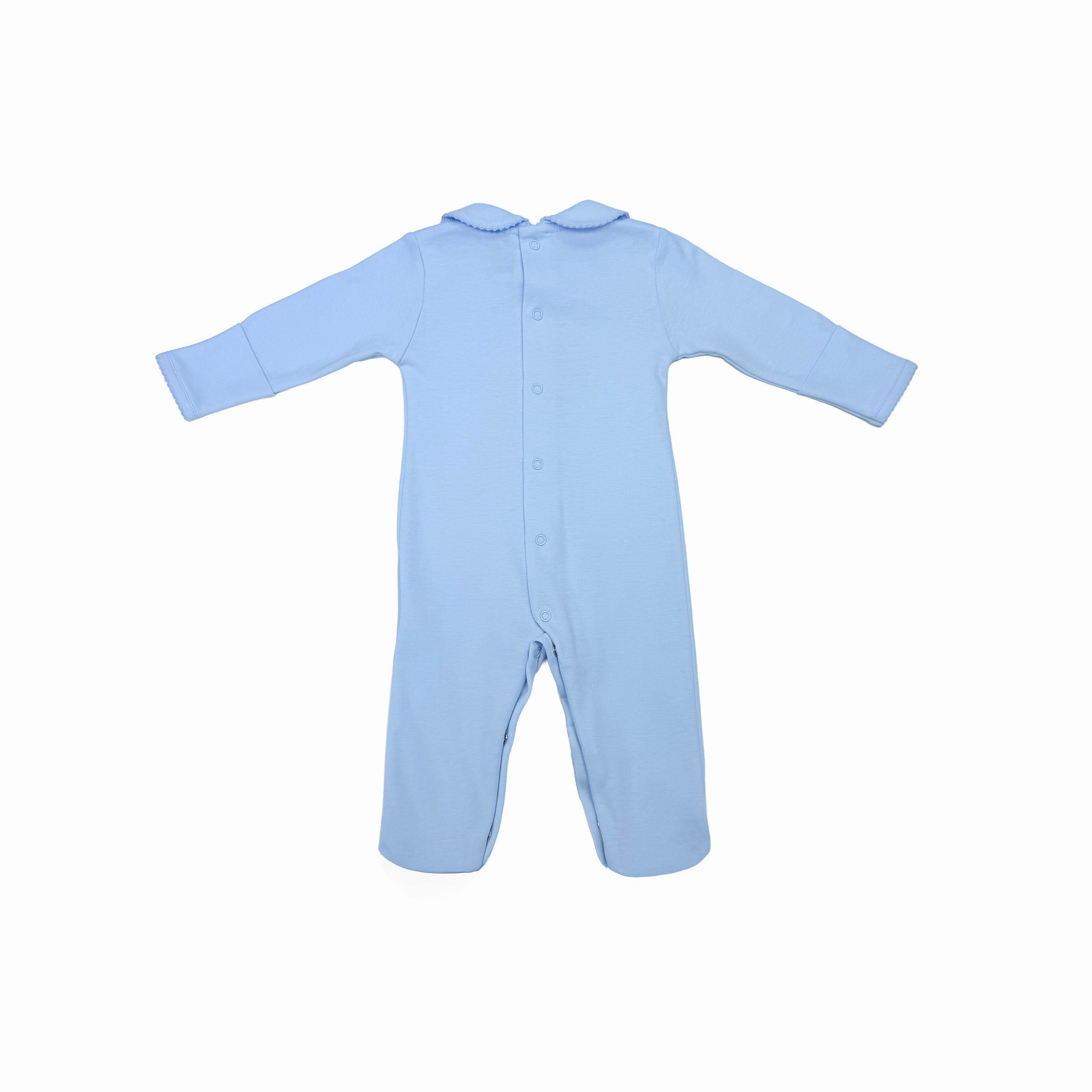 Back view of blue baby sleepsuit in soft interlock fabric.