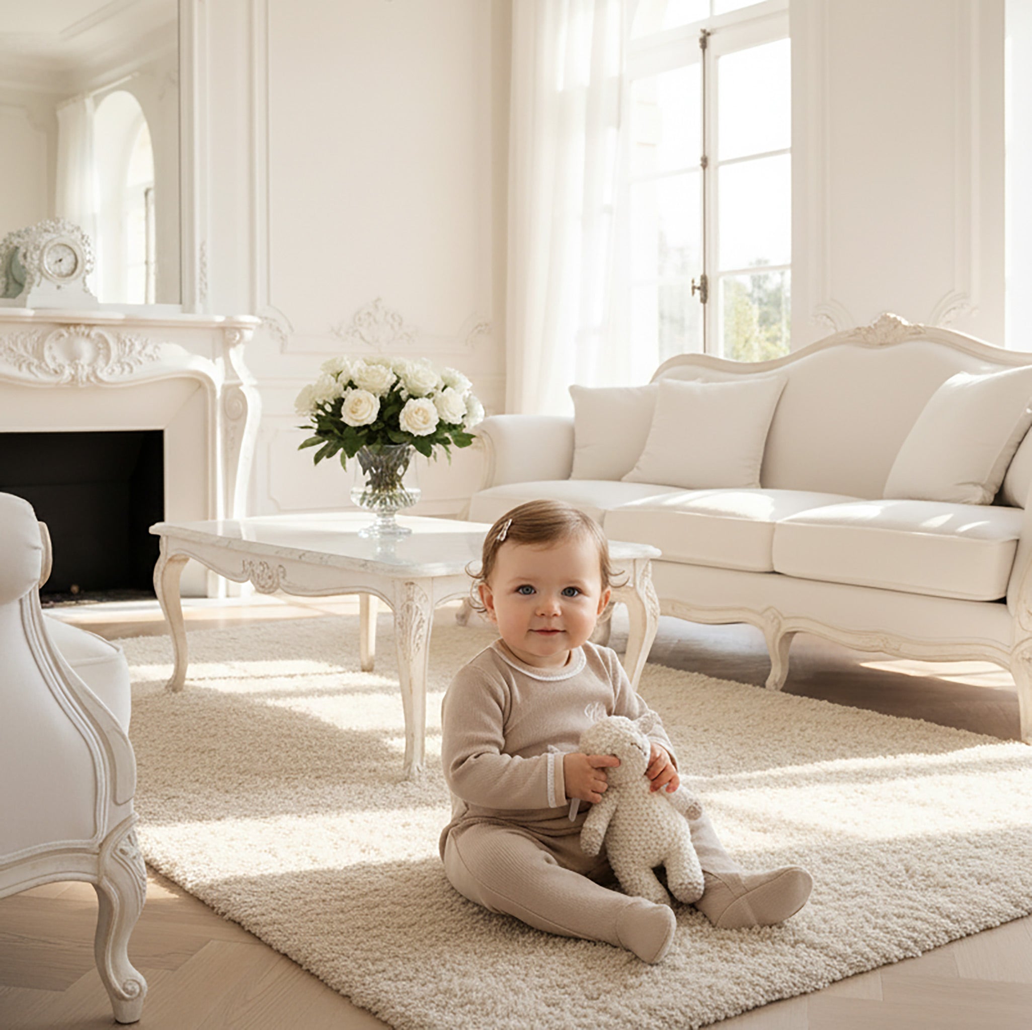 Light beige special knit babygrow with London Embroidery – front view.