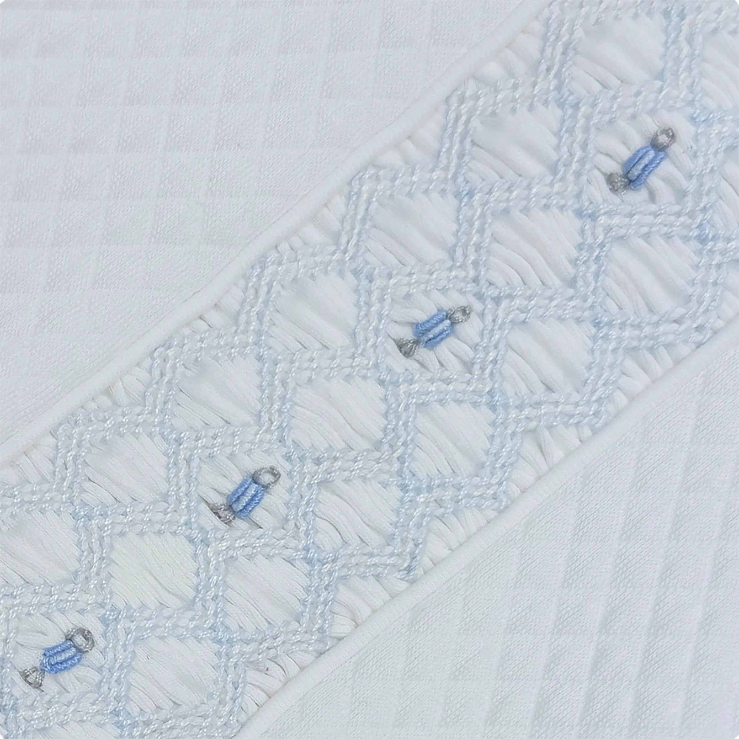 Close-up of artisanal smocking on Beau babygrow.
