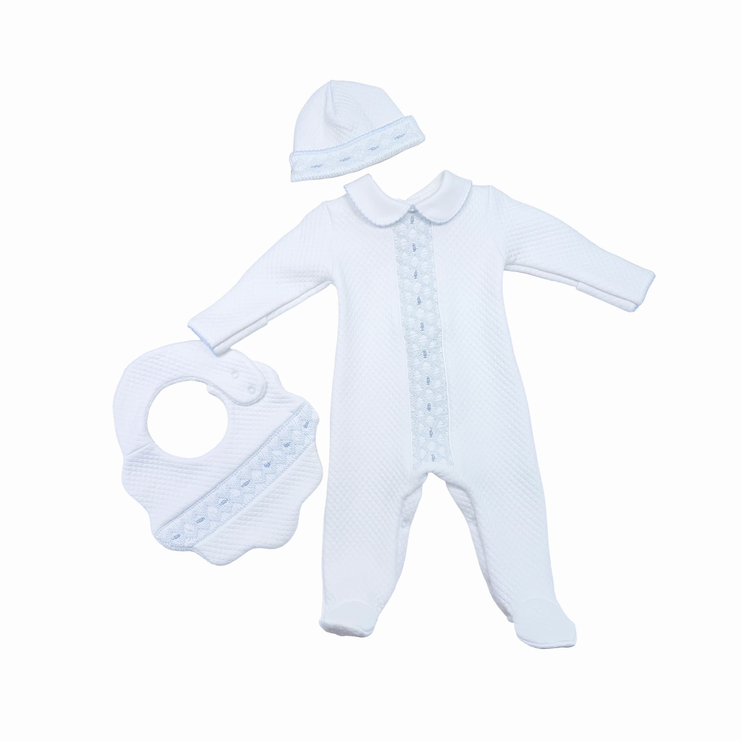 Set of white quilted baby boy babygrow with blue hand smocking, hat and bib