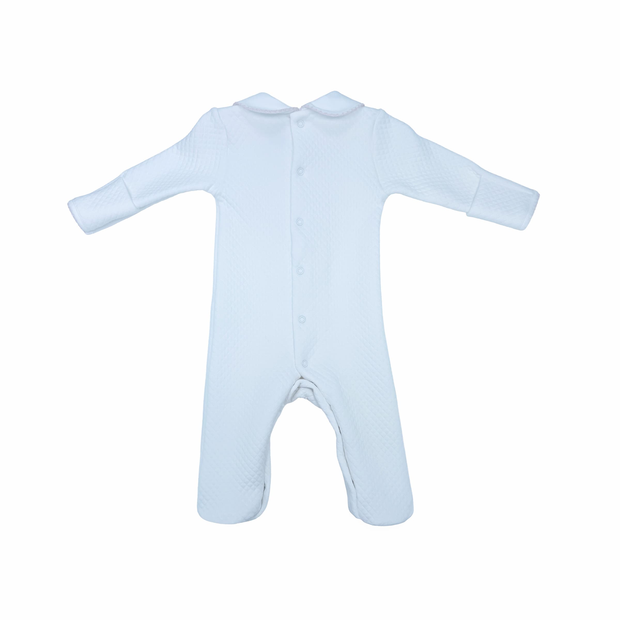 Back view of white quilted couture babygrow with snap fastening.