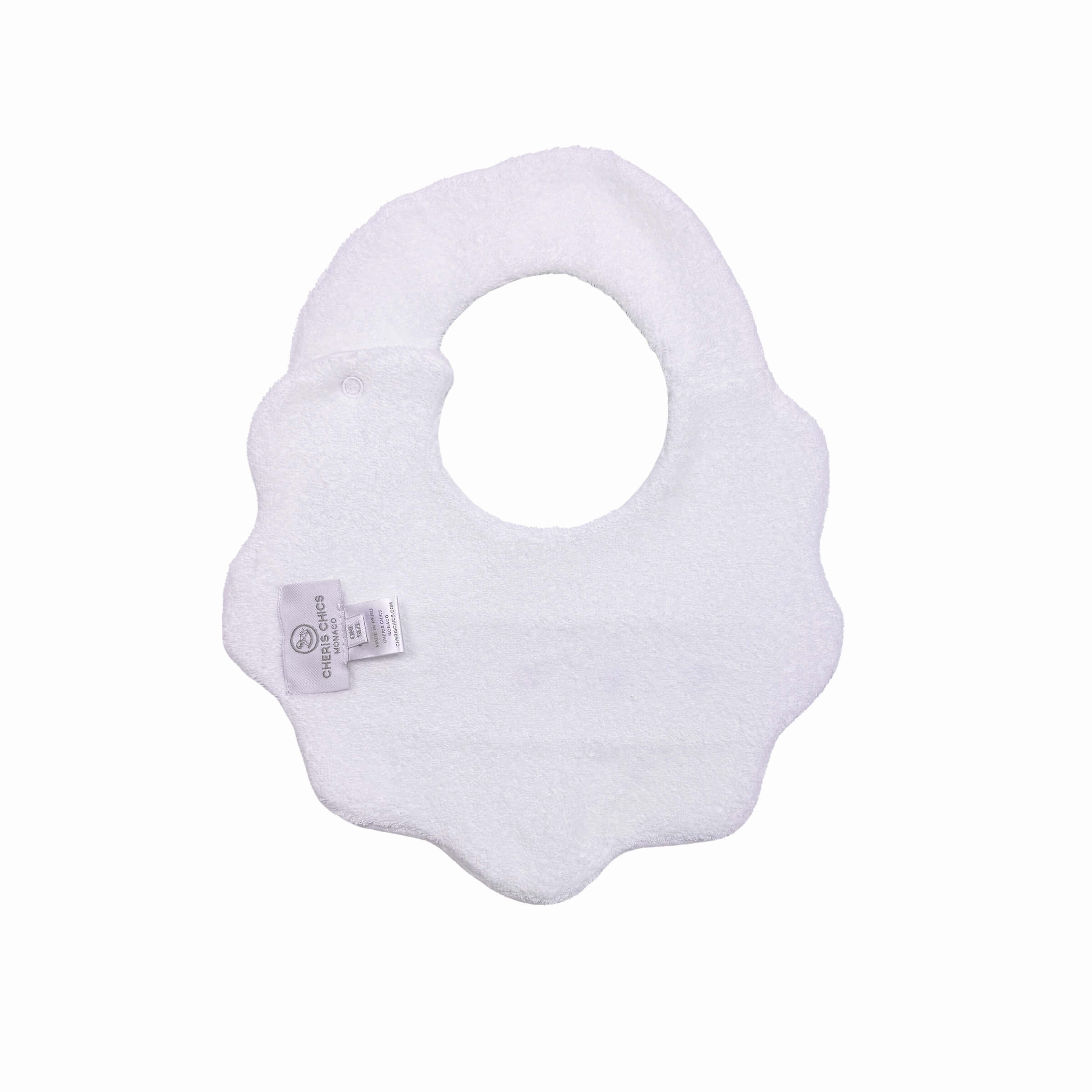 Soft-lined couture baby bib with secure fastening – back view