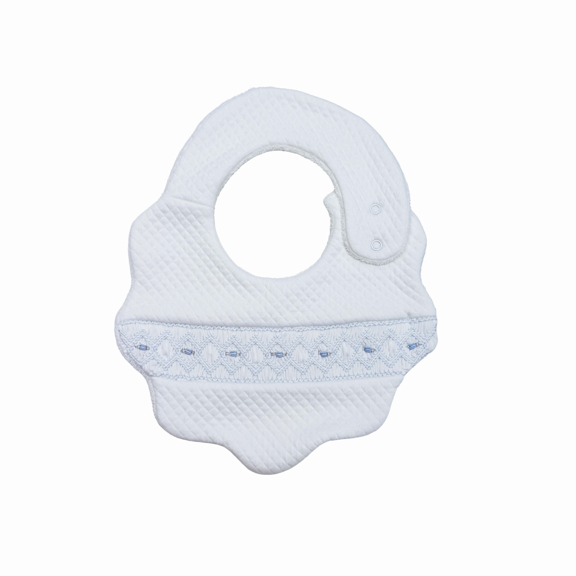 Luxury baby boy bib with quilted cotton and hand-smocked detailing – front view