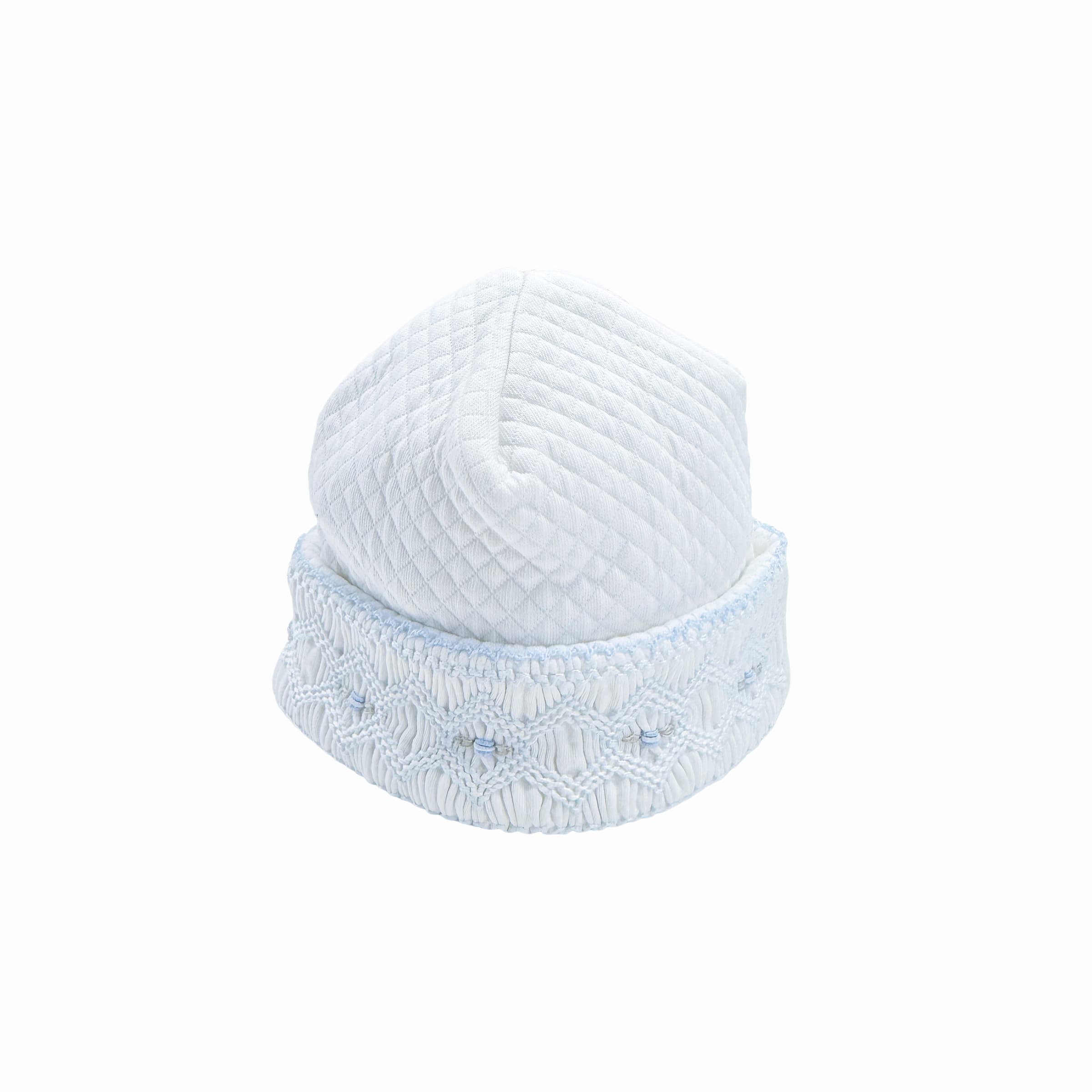 Quilted baby boy hat with hand-smocked detailing – front view