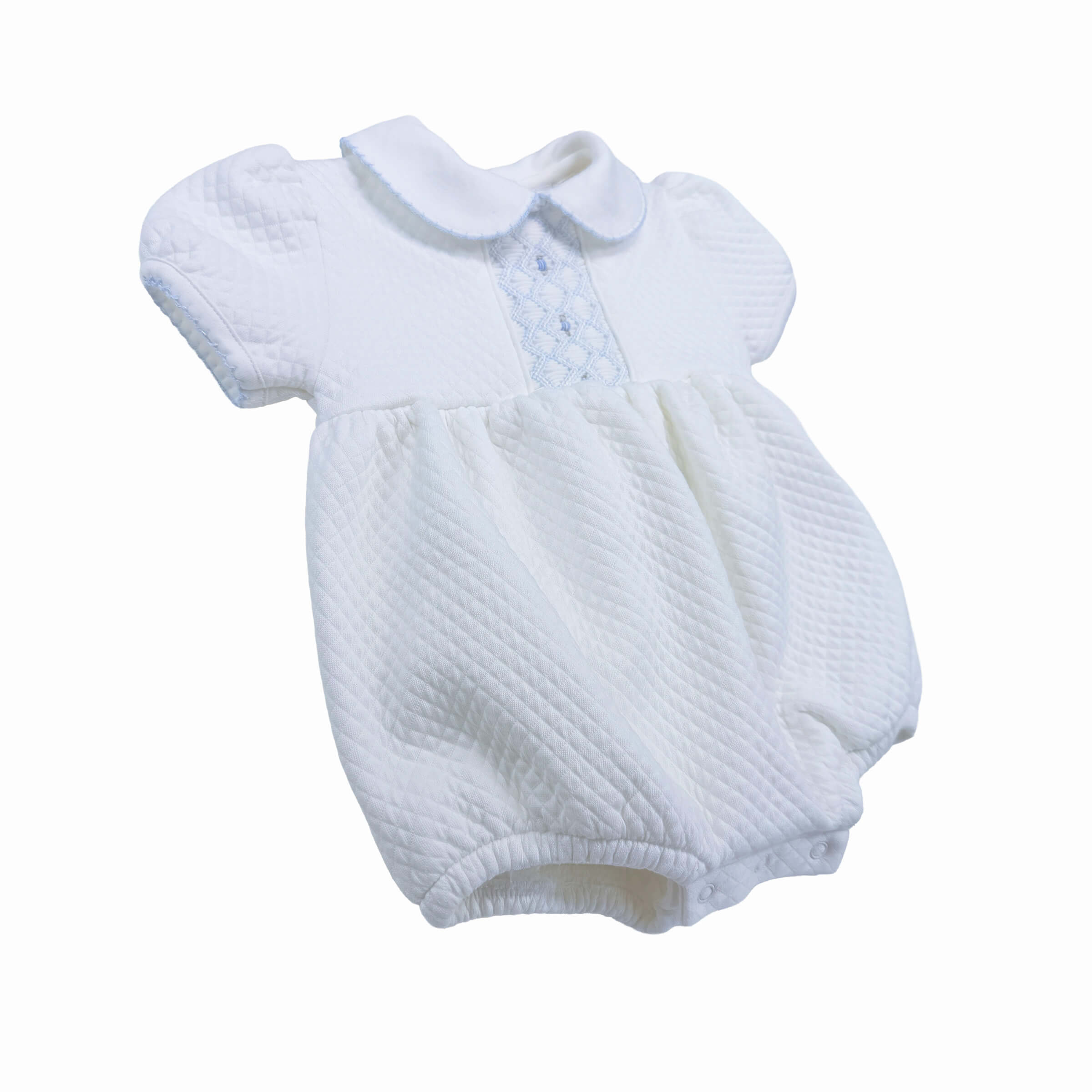 Baby boy quilted bubble romper with snap fastenings – side view