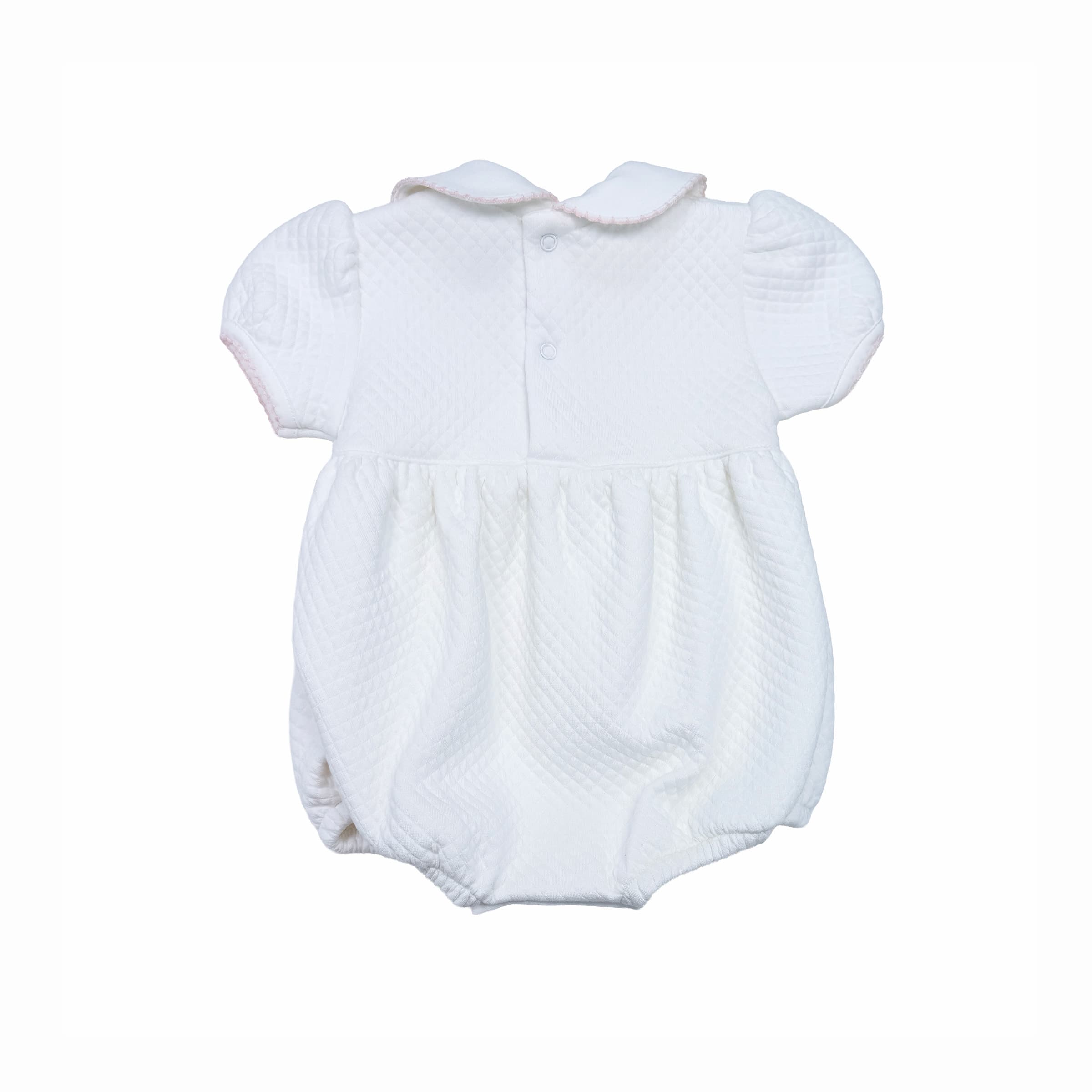White bubble romper with soft quilted finish — back view.