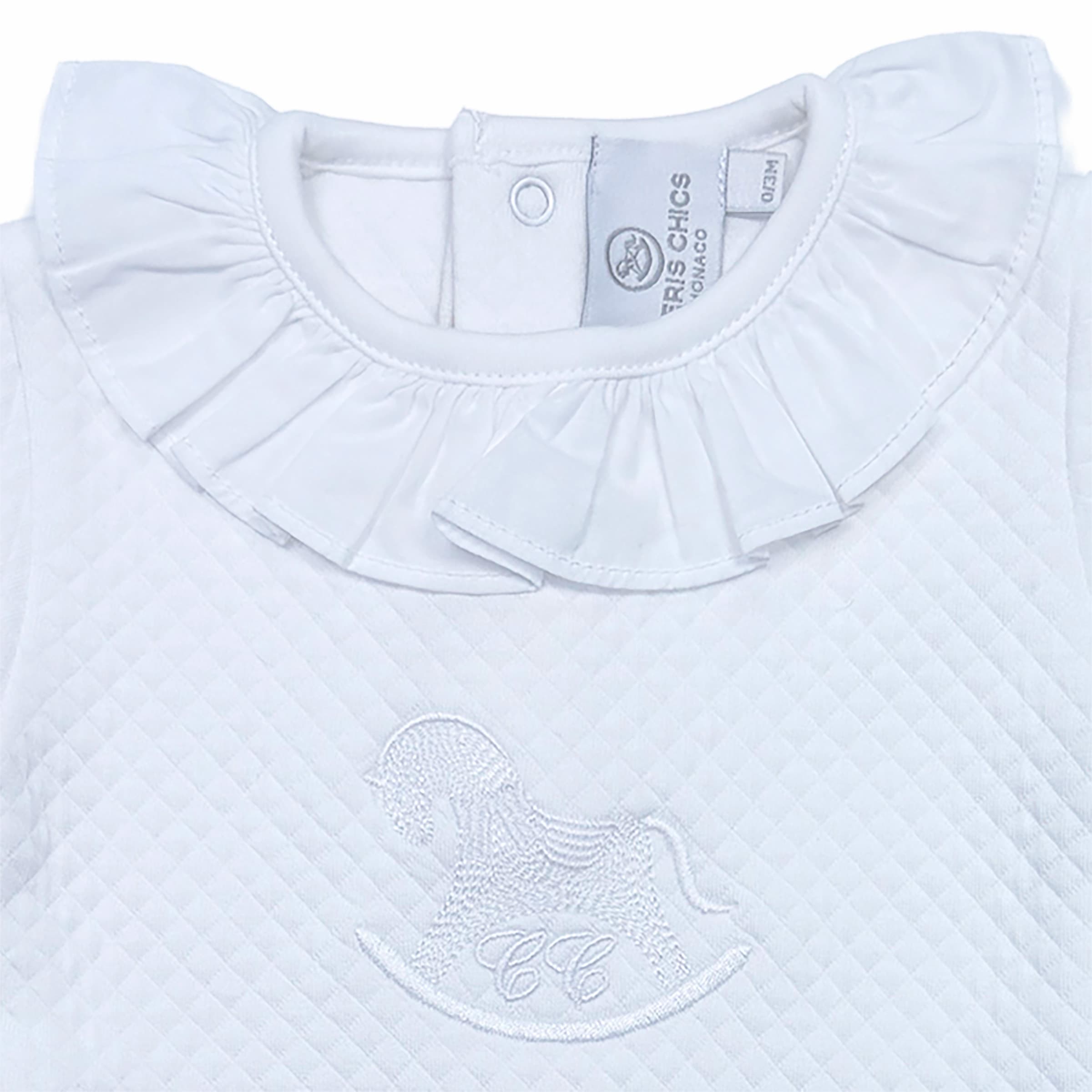 Close-up of frilled neckline and signature Chéris embroidery on the Élégance White Bodysuit, showing refined needlecraft.
