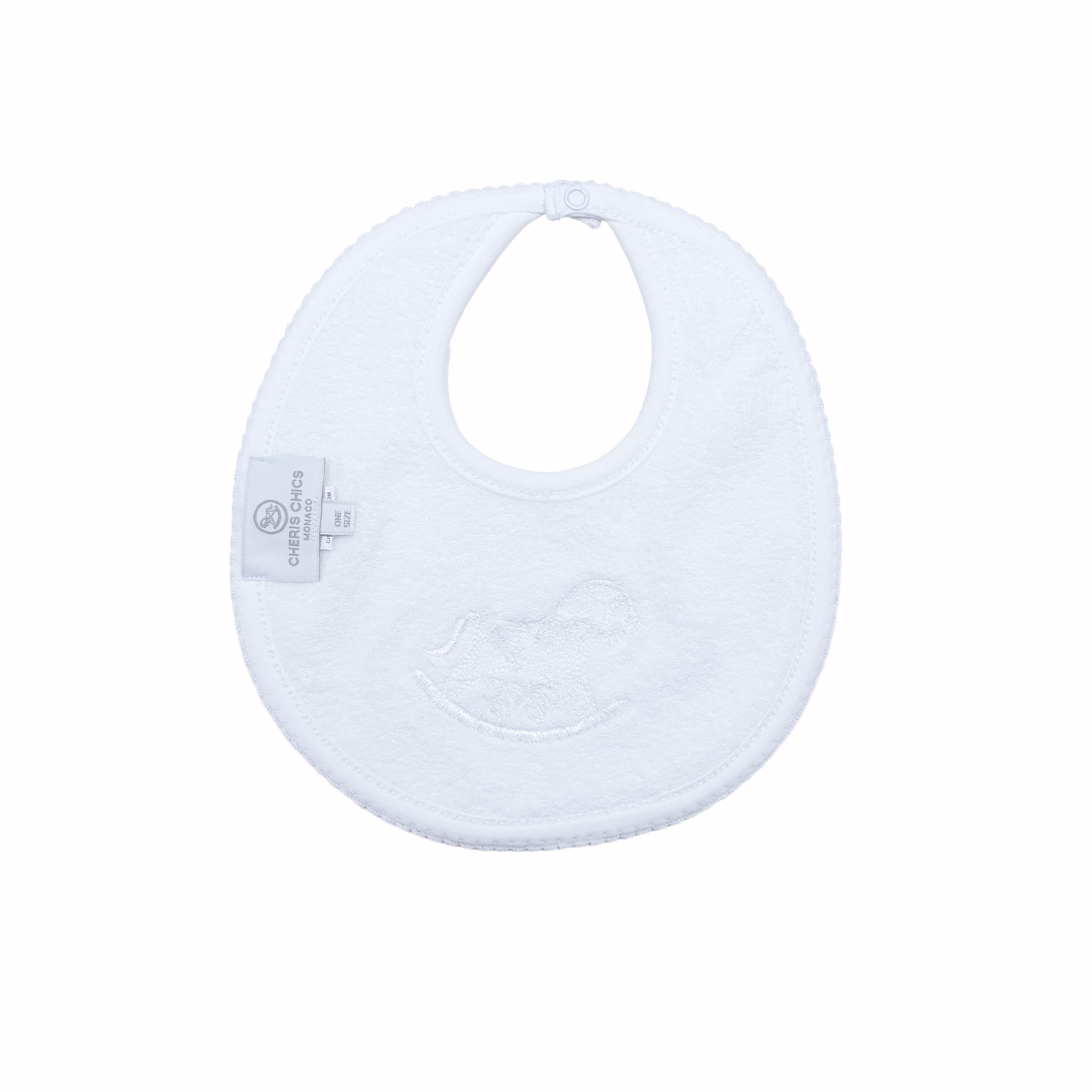 White baby bib with signature embroidery – back view