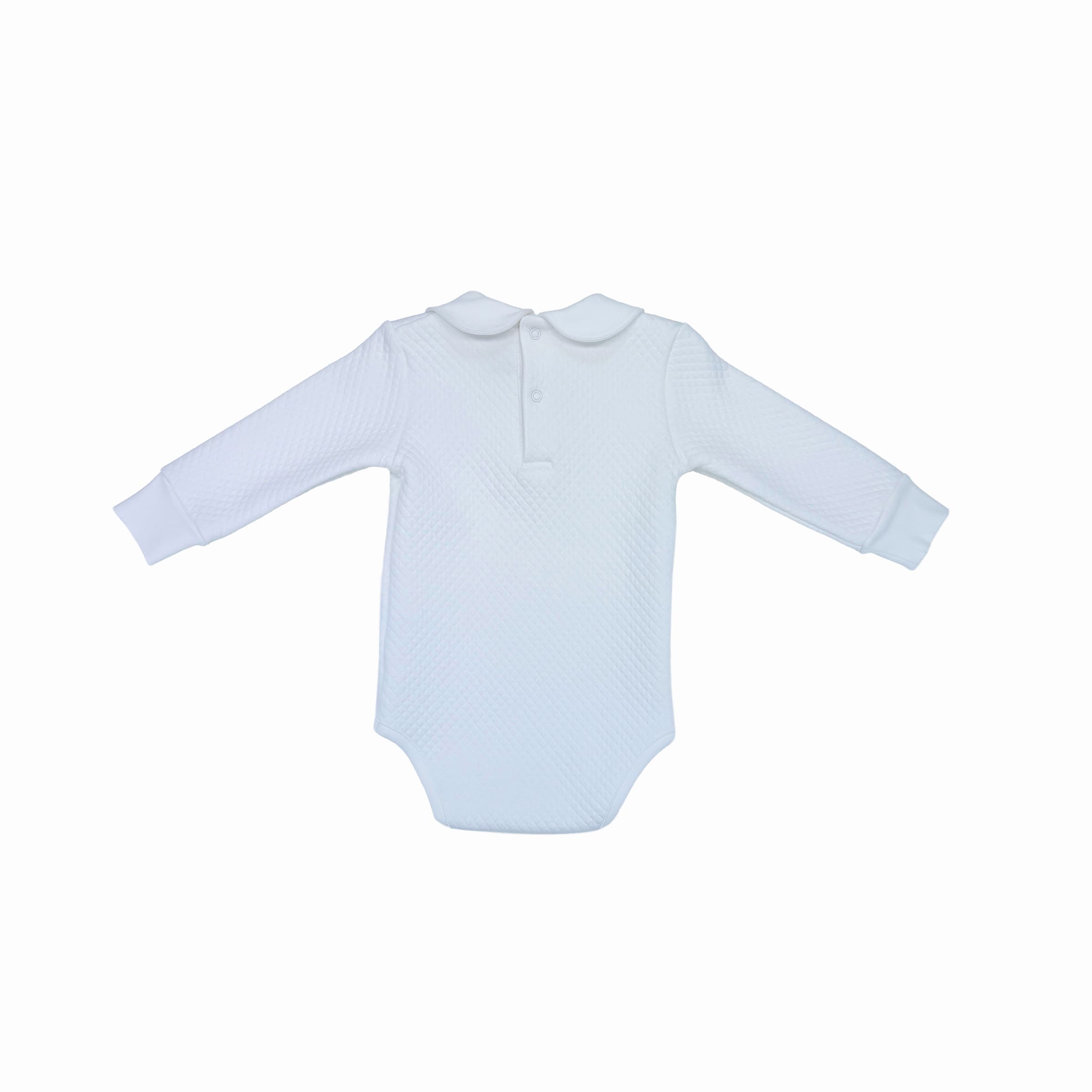 Back view of the Chéris Blanc Élégance Ruffled Bodysuit with a smooth soft-touch finish and refined silhouette.
