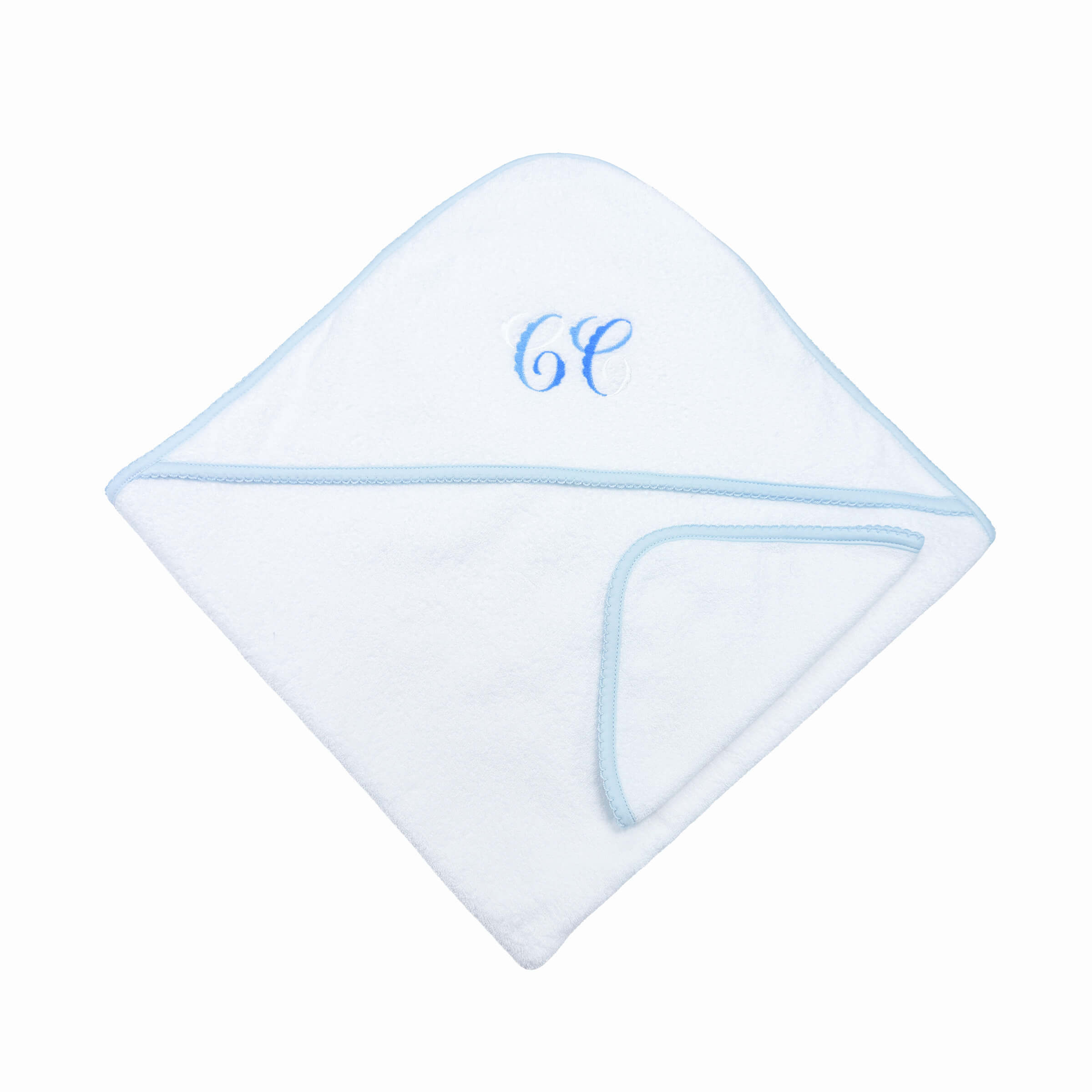 White hooded baby towel with blue embroidery and picot trim – flat lay front view.