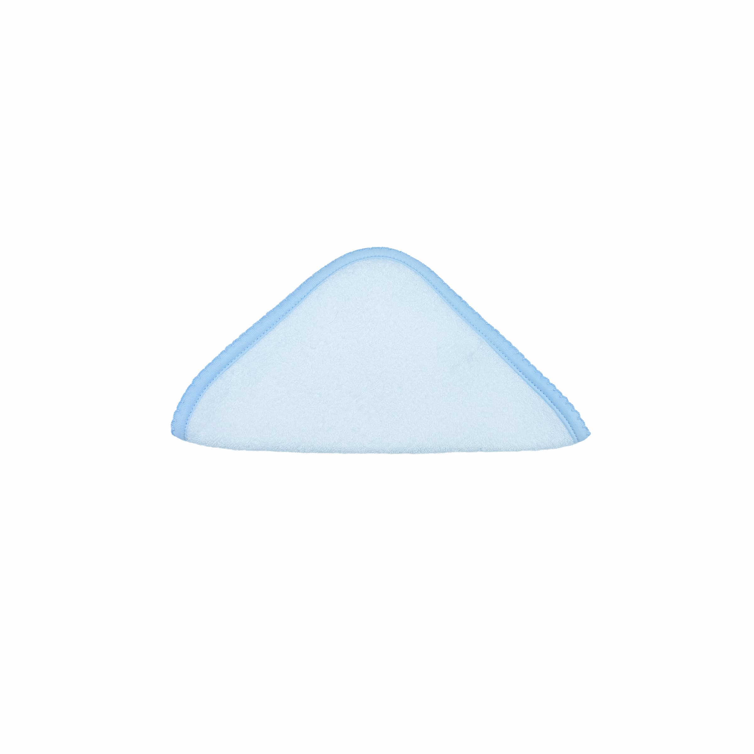 Wash cloth for a white hooded baby towel with blue embroidery and picot trim – flat lay front view.