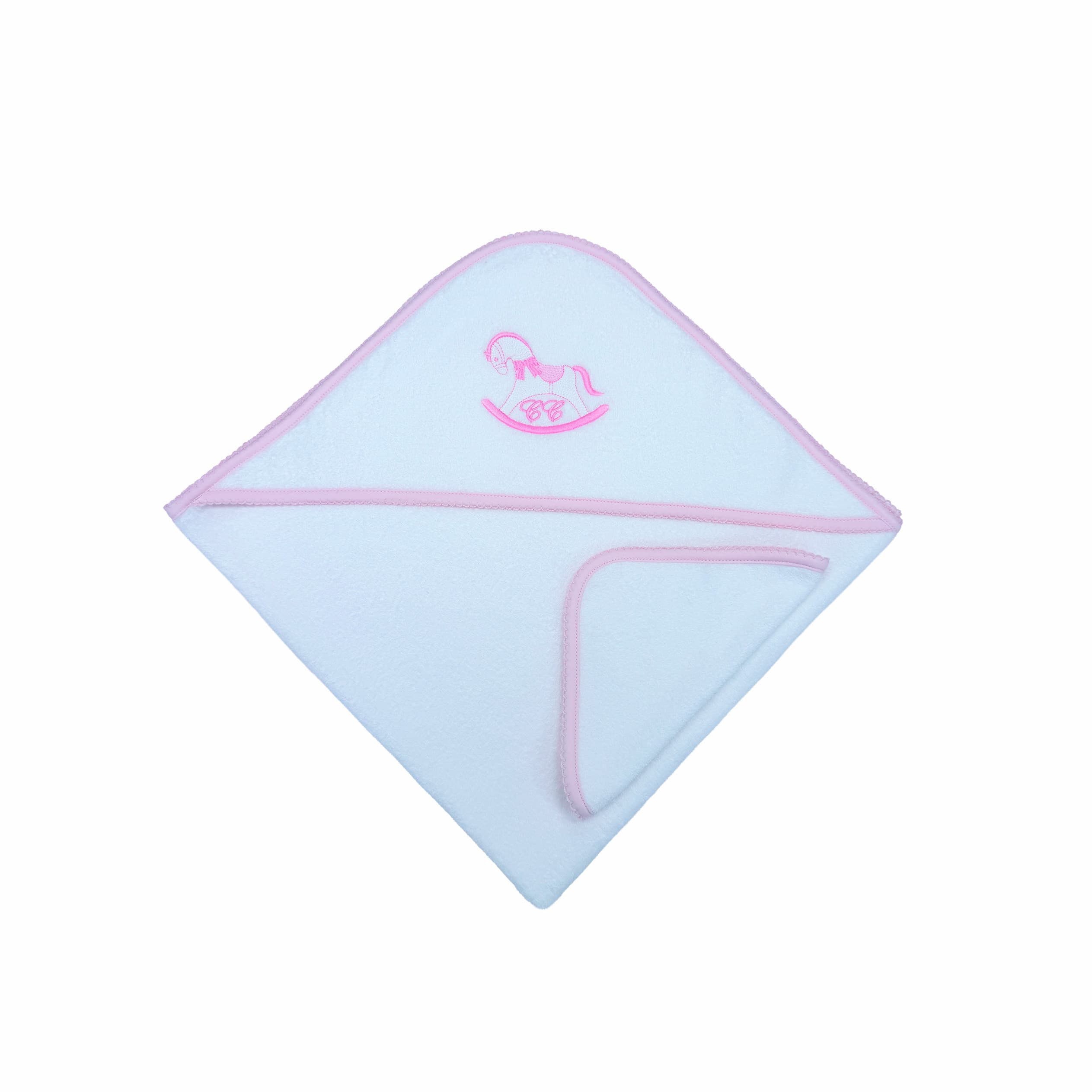 White hooded baby towel with pink embroidery and picot trim