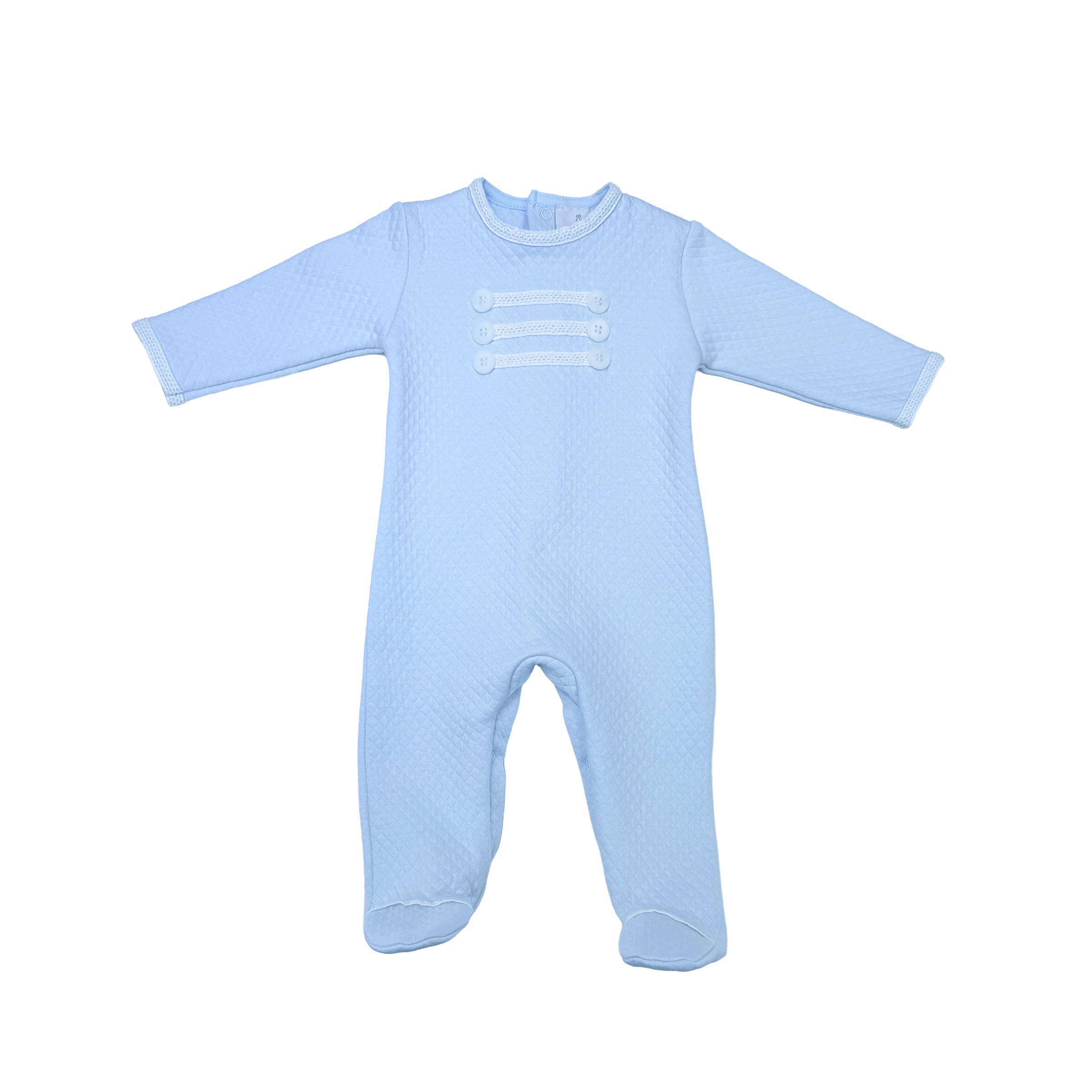 Luxury blue babygrow with decorative buttons – front view