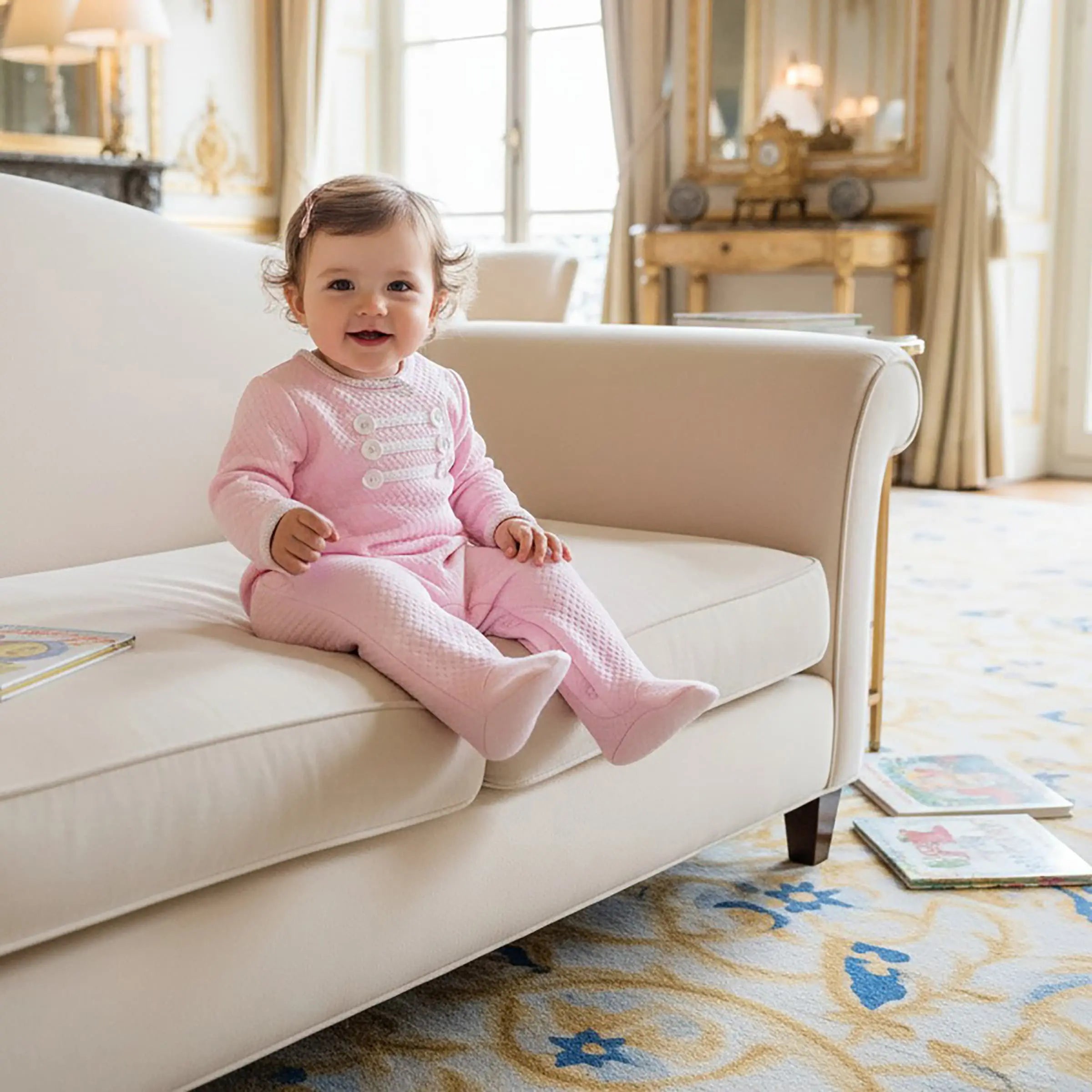 Baby girl wearing Cheris Rose Élégance Babygrow in luxury surroundings