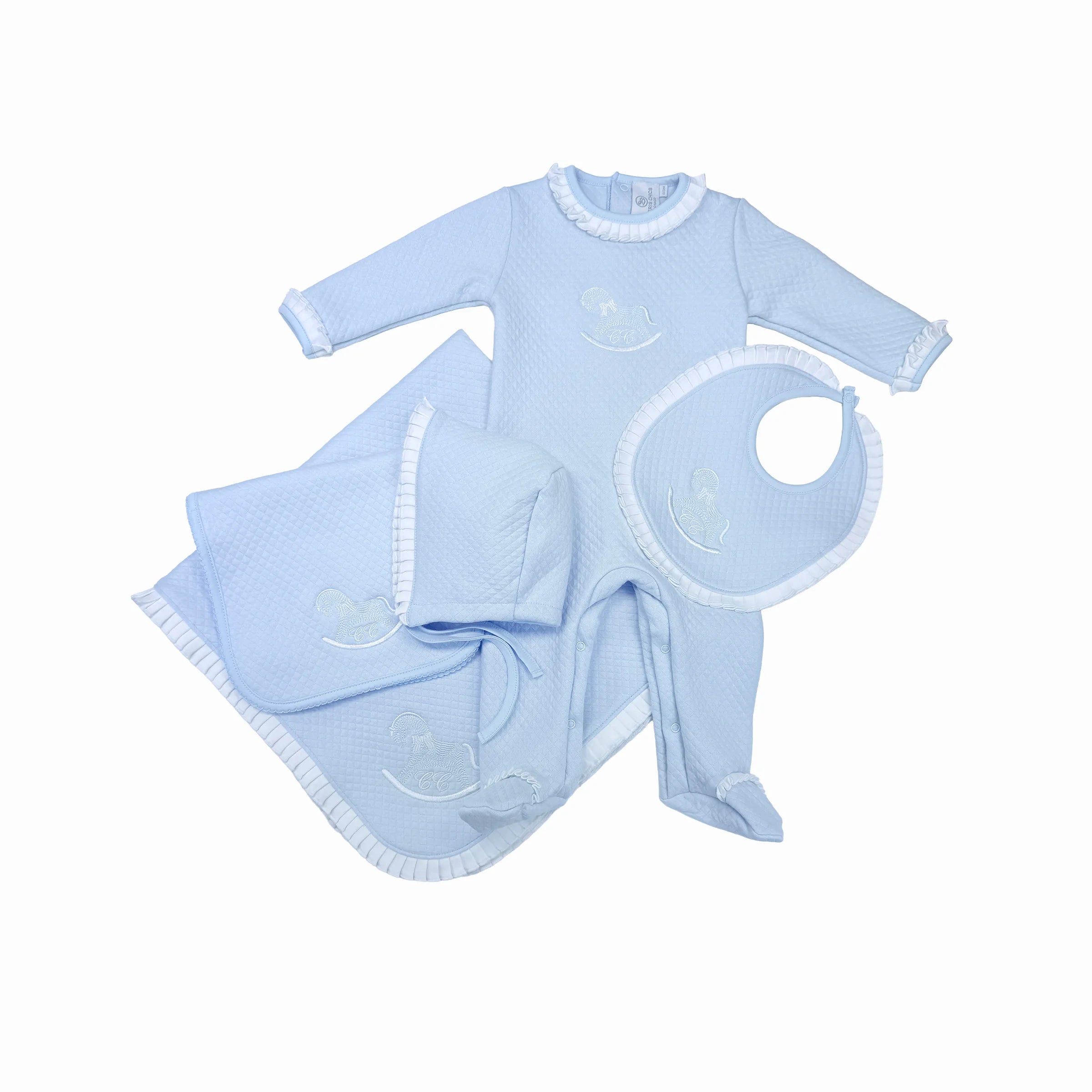 Volants Bleu 5-piece set — babygrow, bonnet, bib, blanket & care cloth