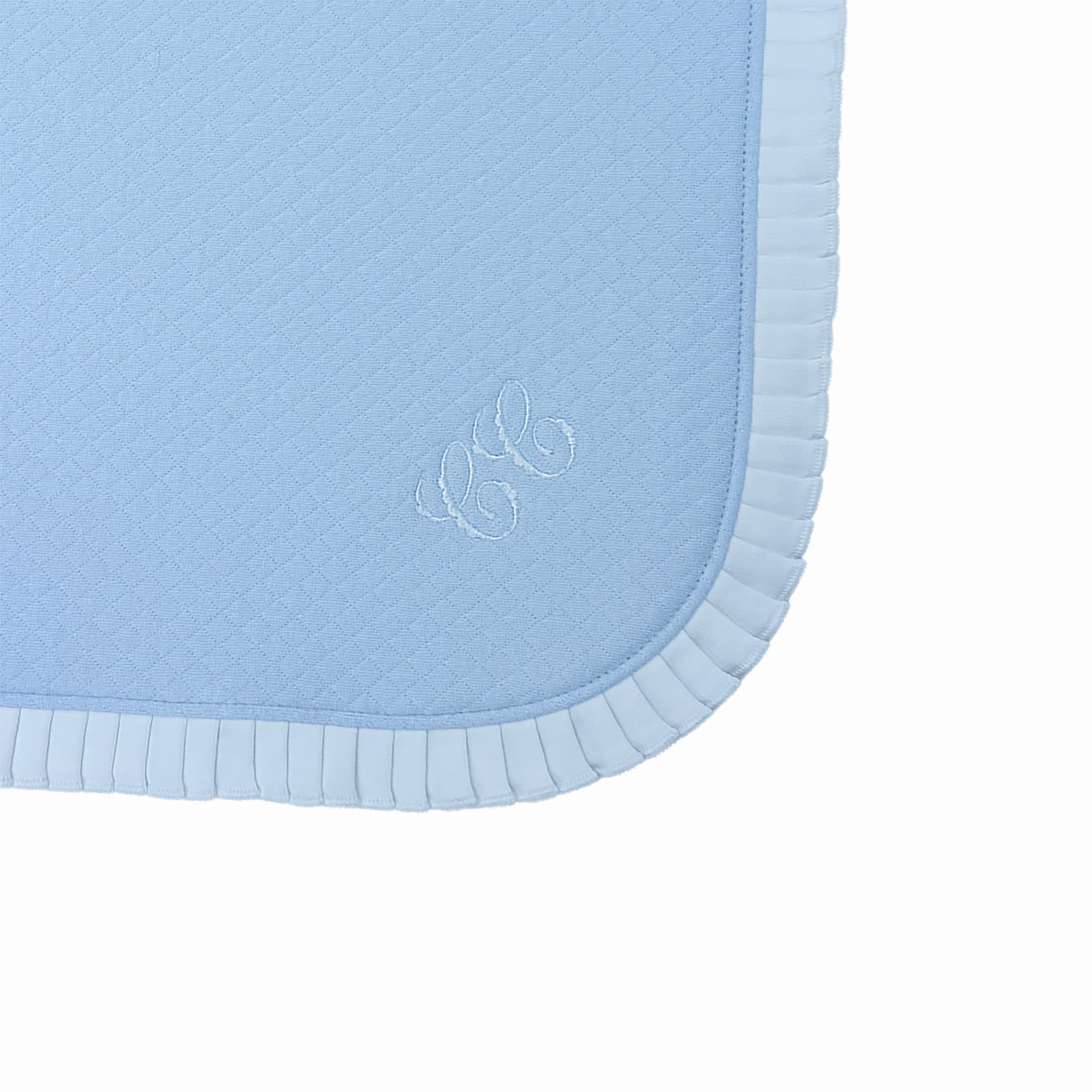 Luxury baby blanket, Pima cotton, frill border and embroidered motif, close up of embroidery detail