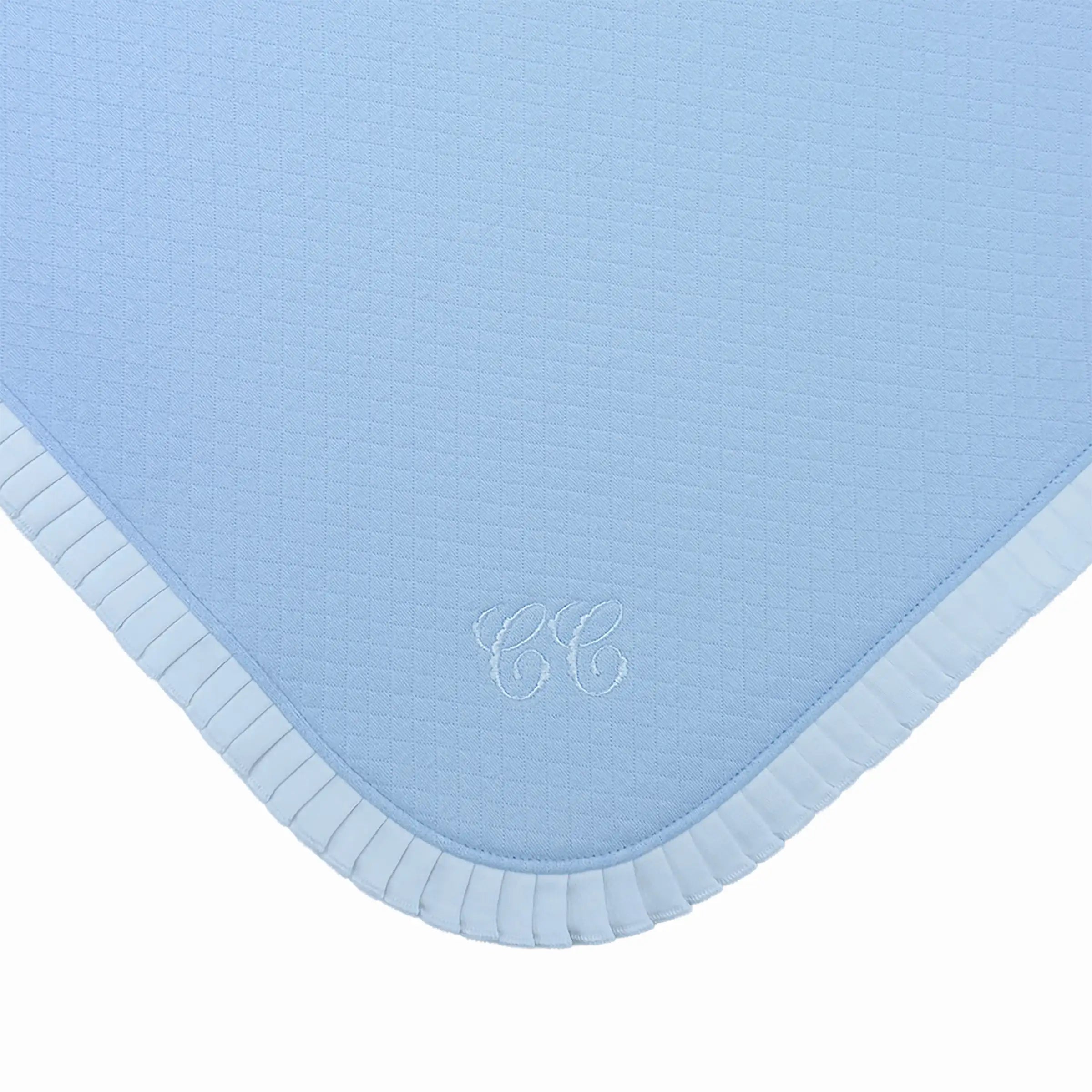 Luxury baby blanket, Pima cotton, frill border and embroidered motif, detailed view