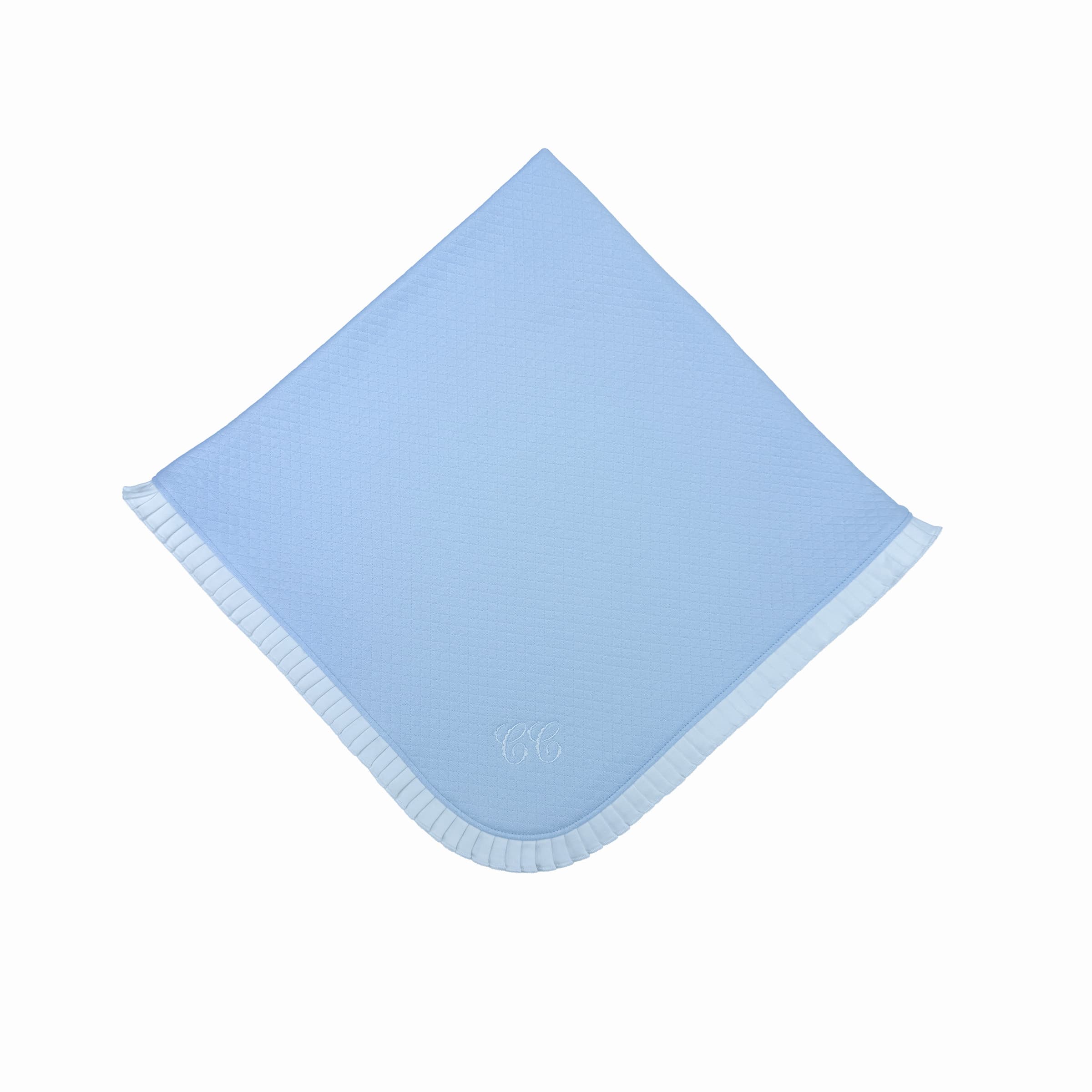 Luxury baby blanket, Pima cotton, frill border and embroidered motif 