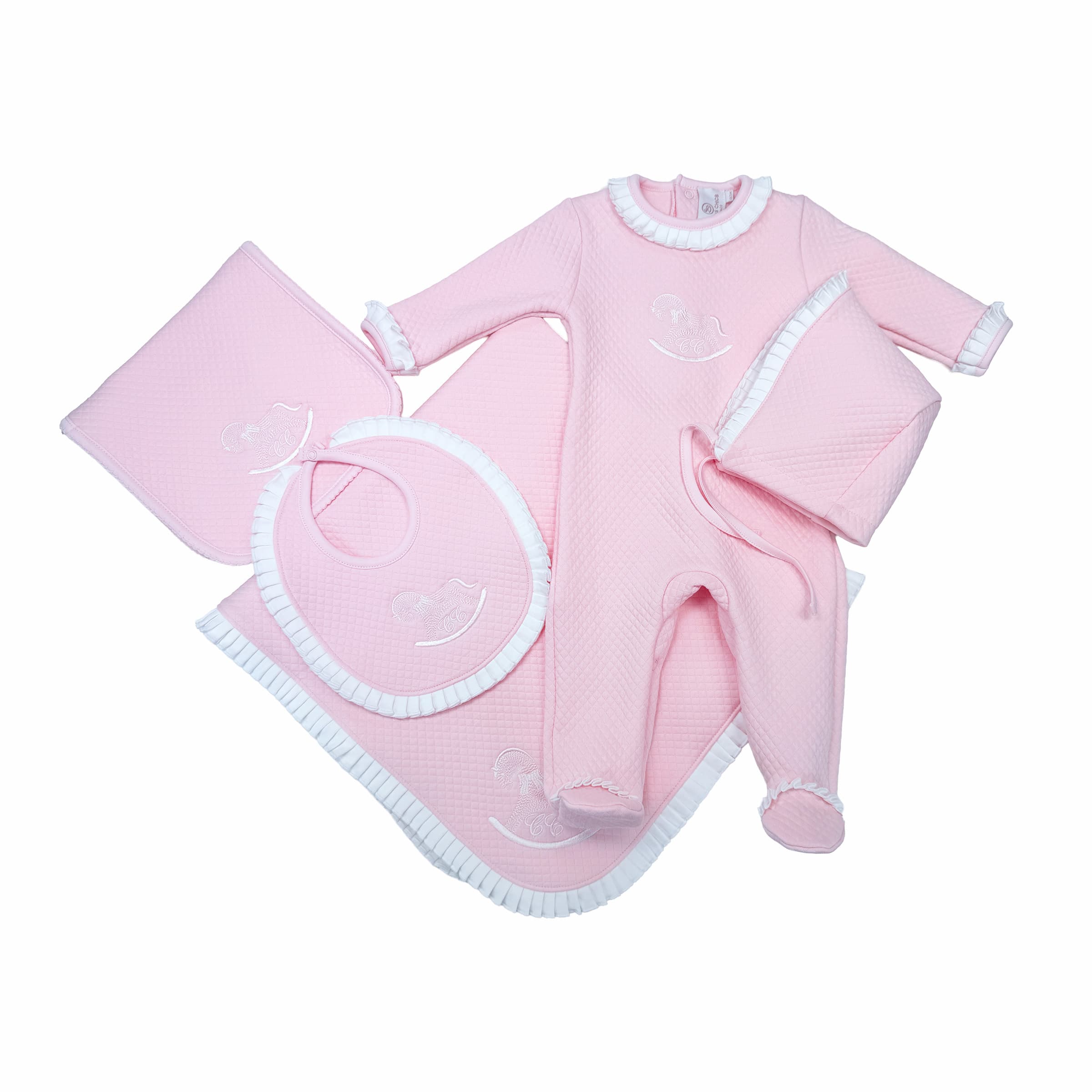 Élégance Volants Rose 5-piece set — babygrow, bonnet, bib, blanket, La Petite Caresse
