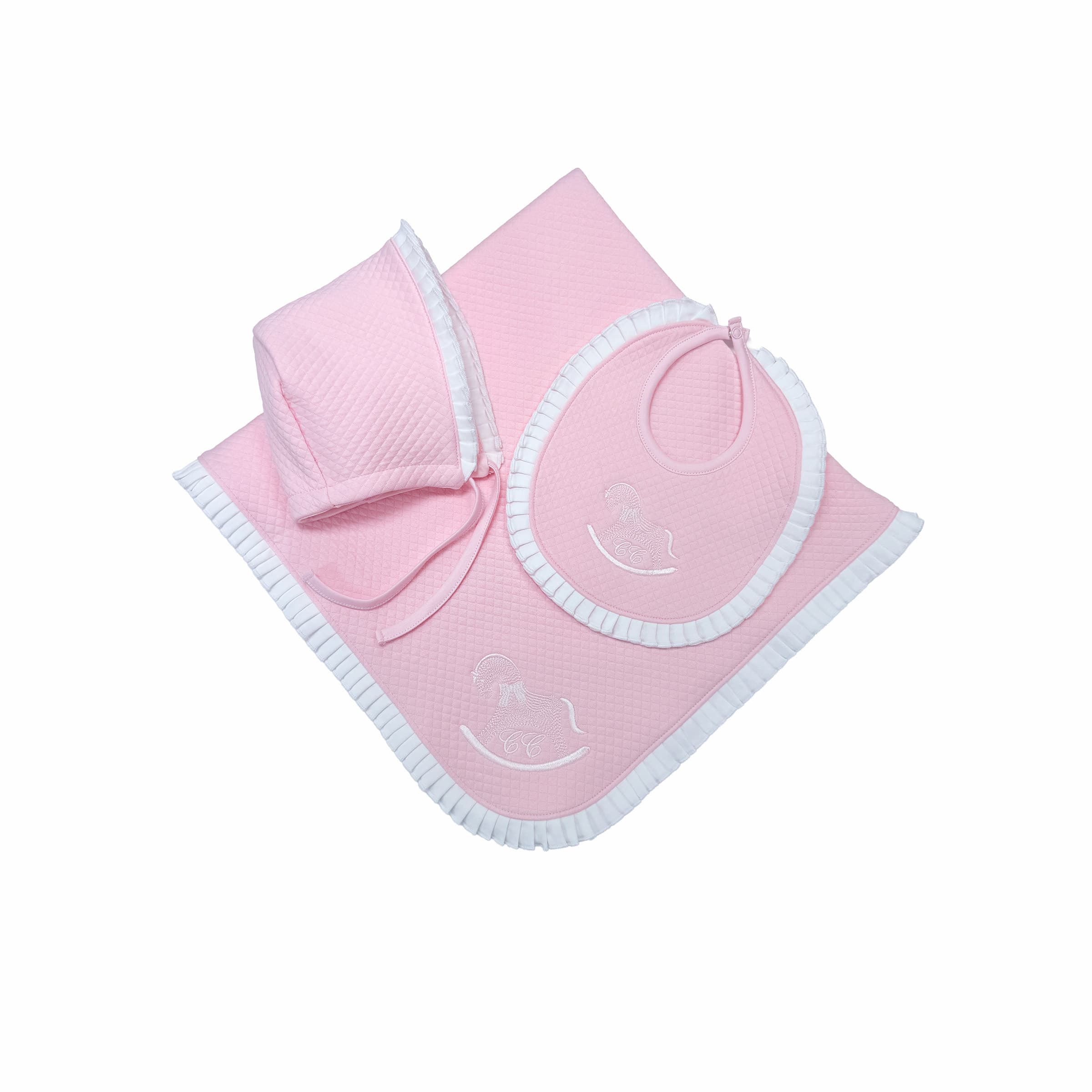 Pink baby blanket with white trim and luxury embroidery on a white background