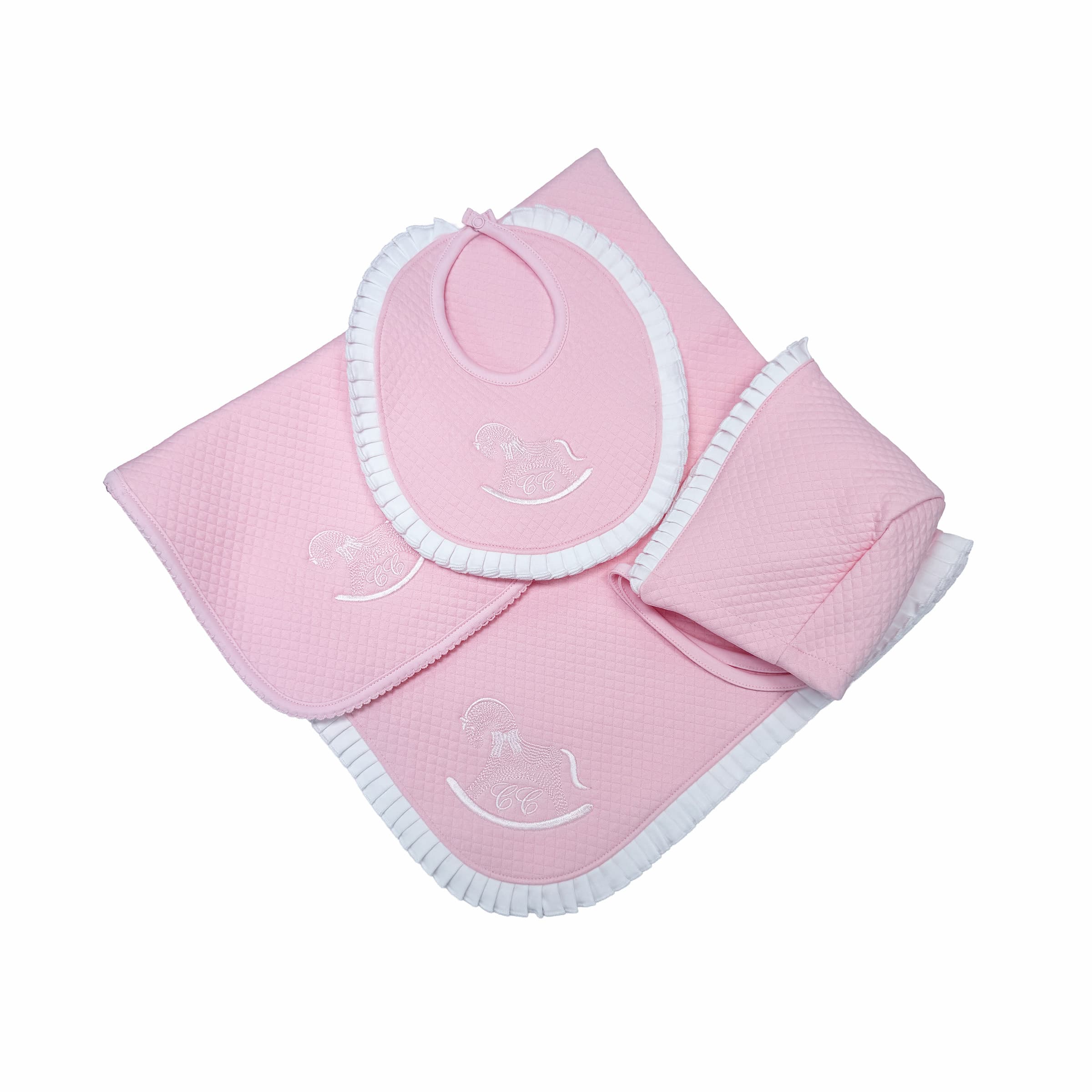 Volants Rose 4-piece luxury baby set — blanket, bonnet, bib & caresse