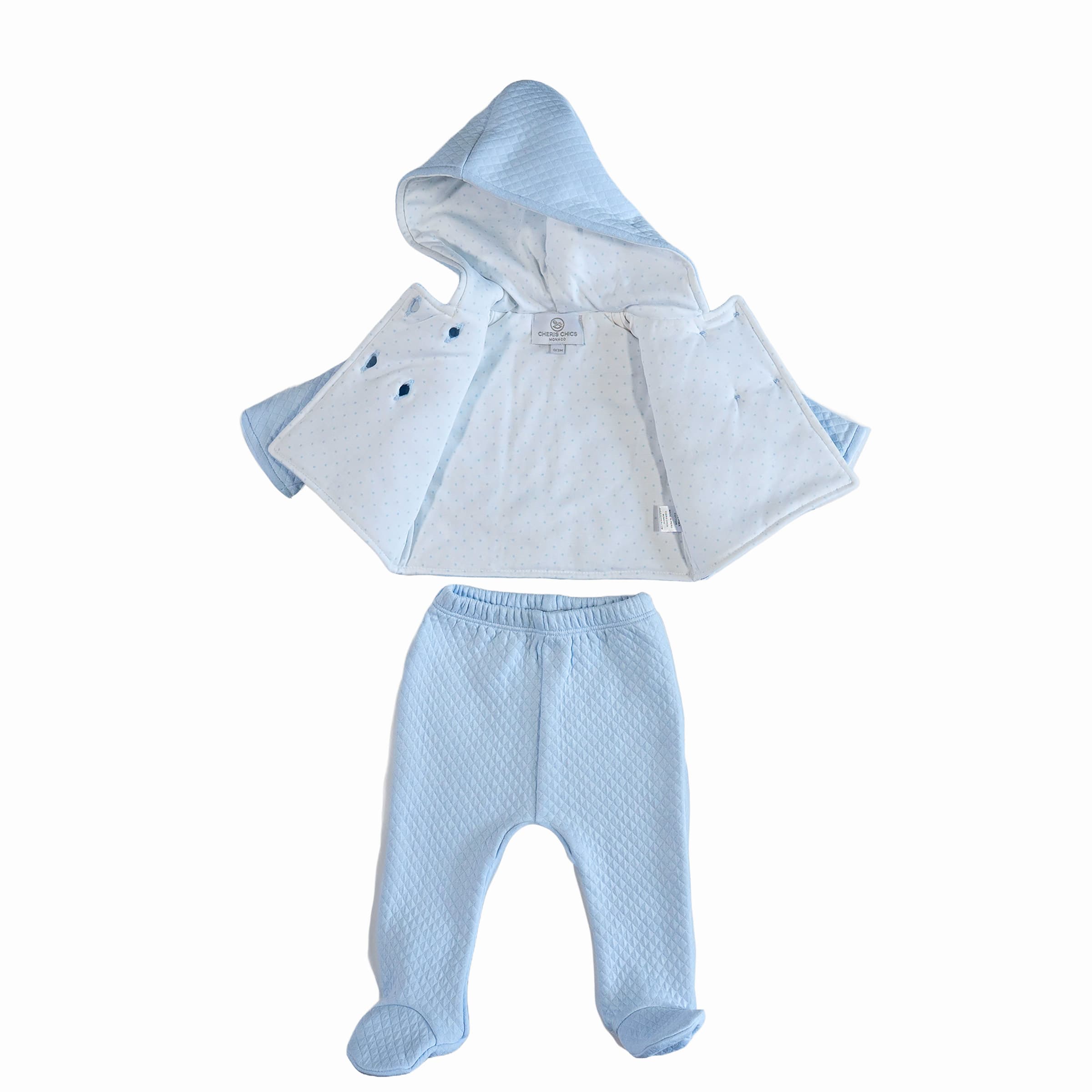 Blue reversible hooded baby jacket and pants with embroidery – front view