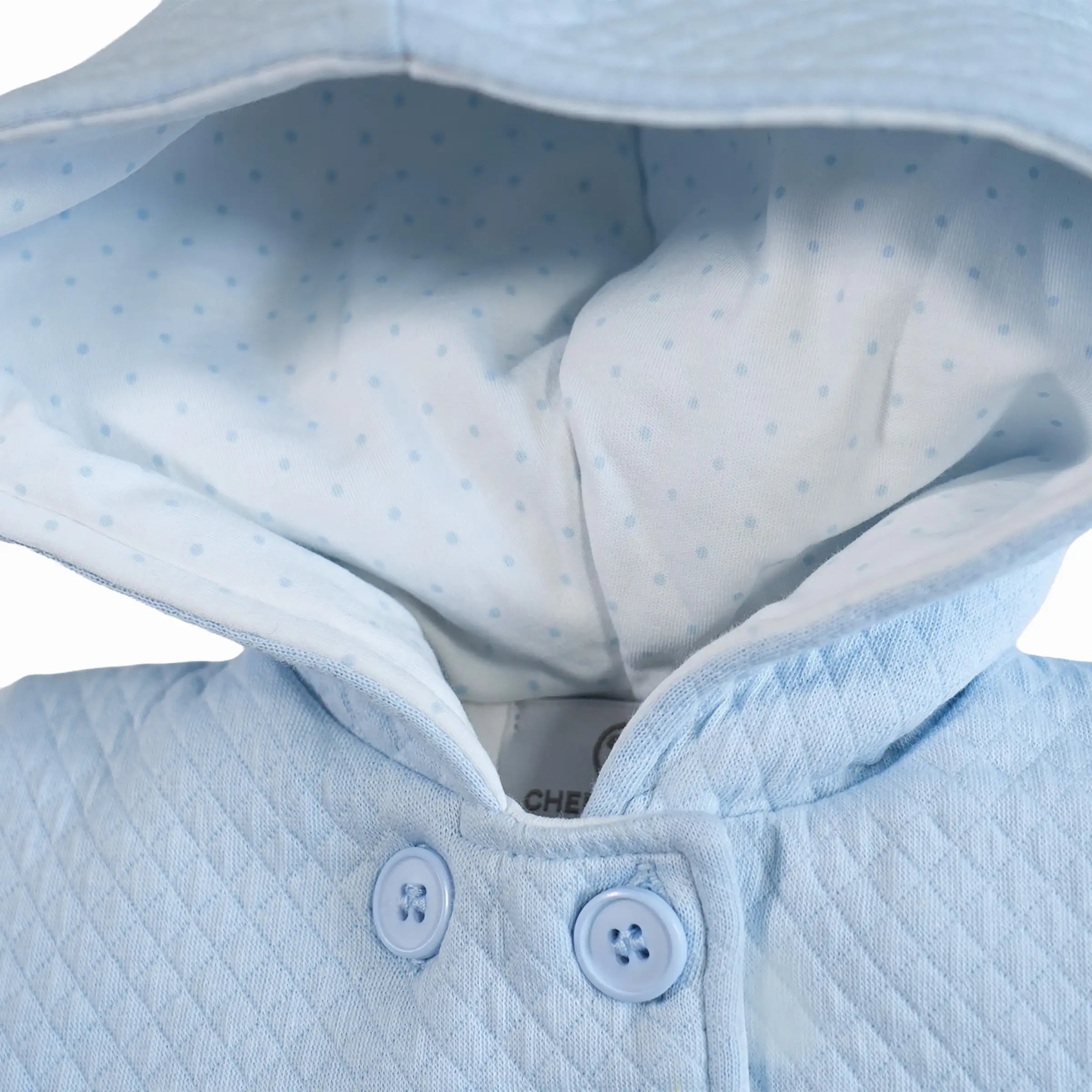 Blue reversible hooded baby jacket with embroidery – front view