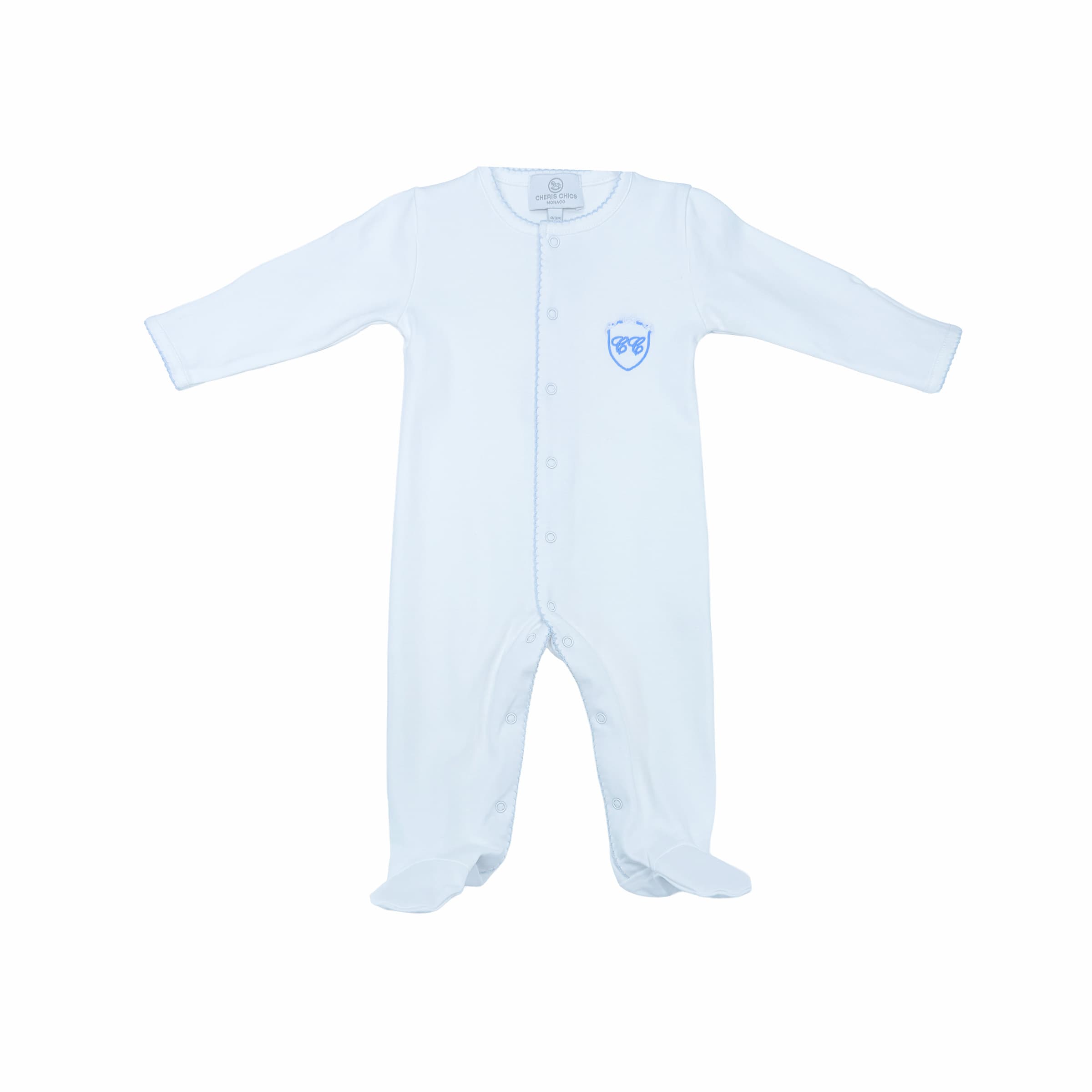 White baby babygrow with delicate embroidery – front view