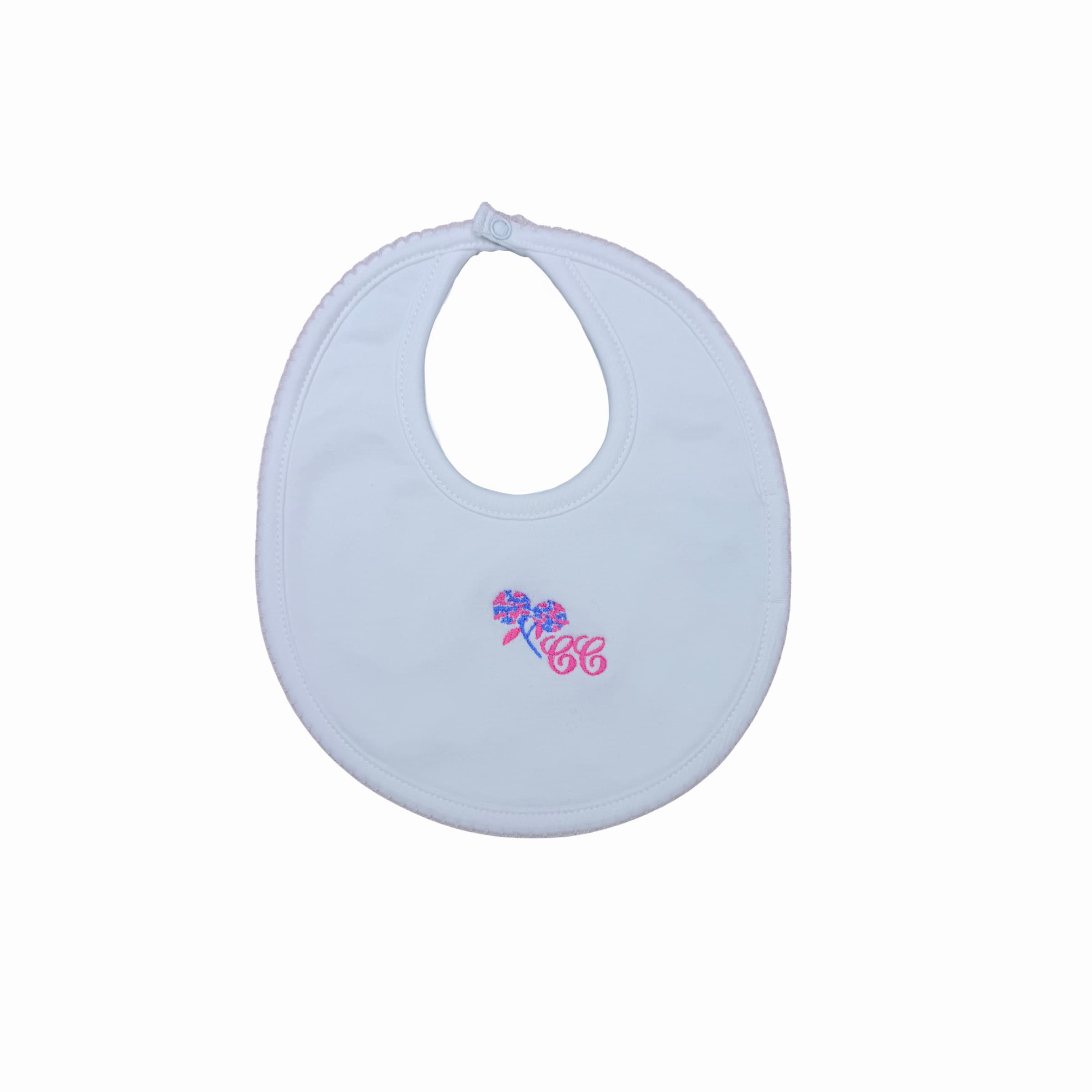 White baby bib with pink floral embroidery – front view