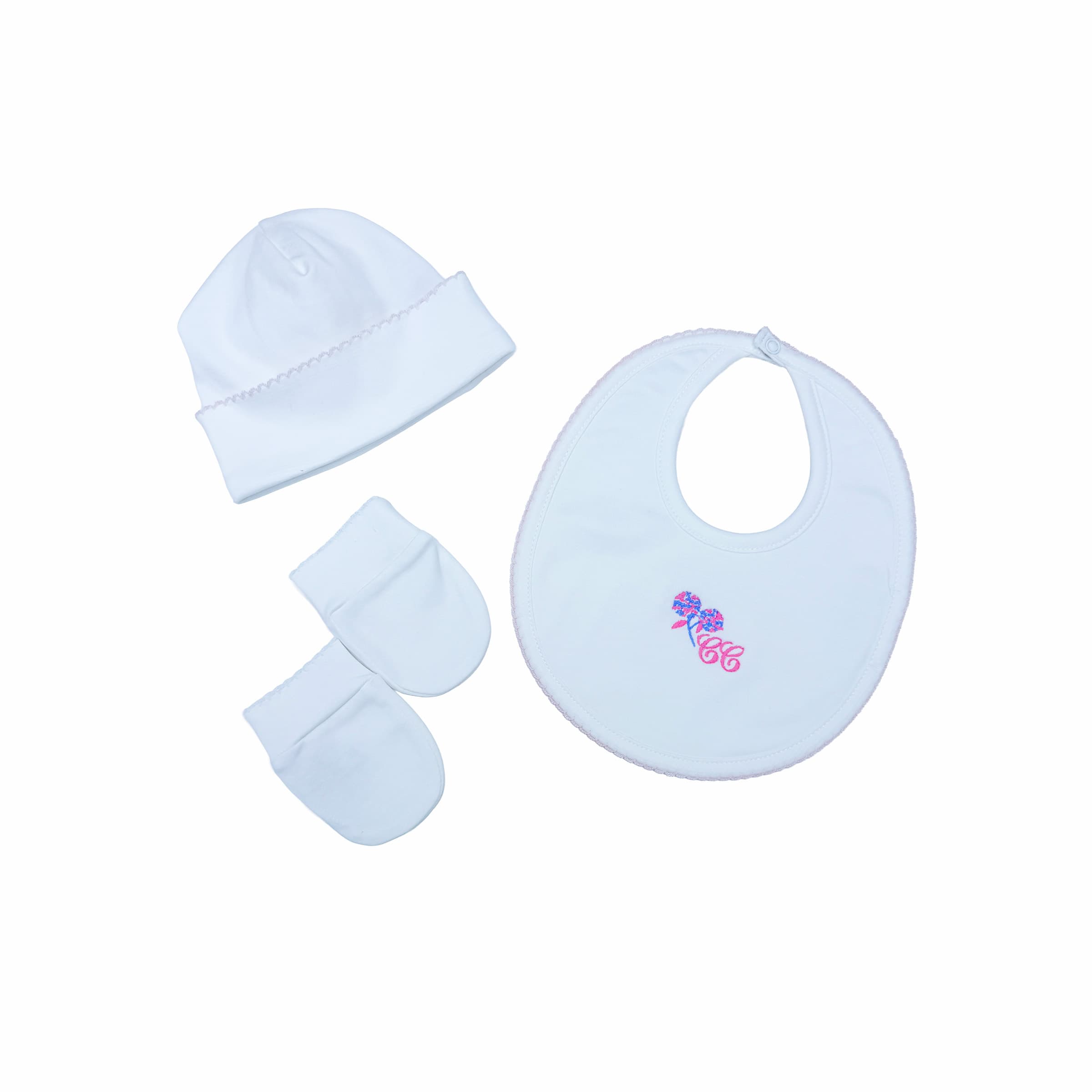 Baby girl bib, hat & mittens set with pink embroidery