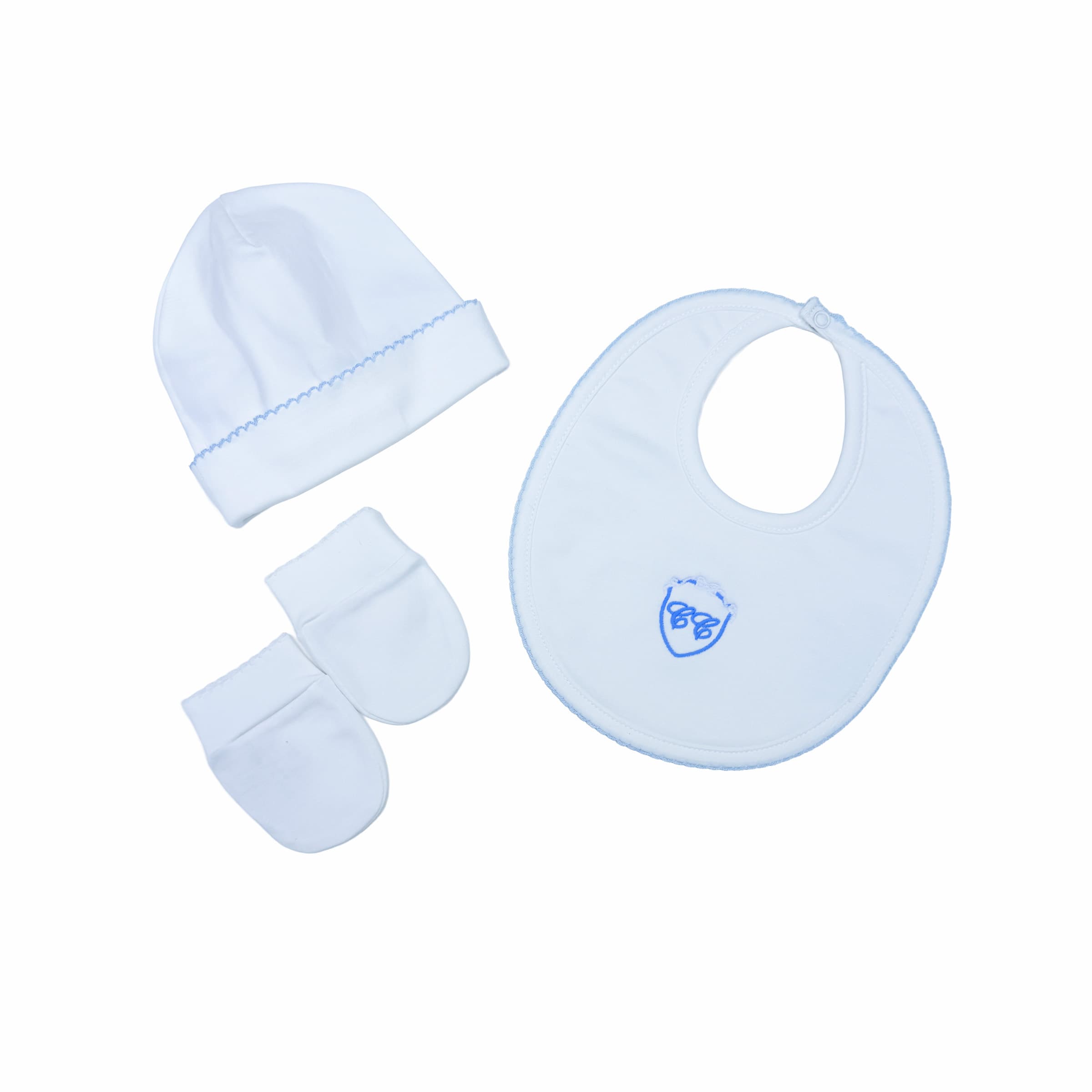 Baby boy bib, hat and mittens set in SoftTouch Pima cotton with blue trim