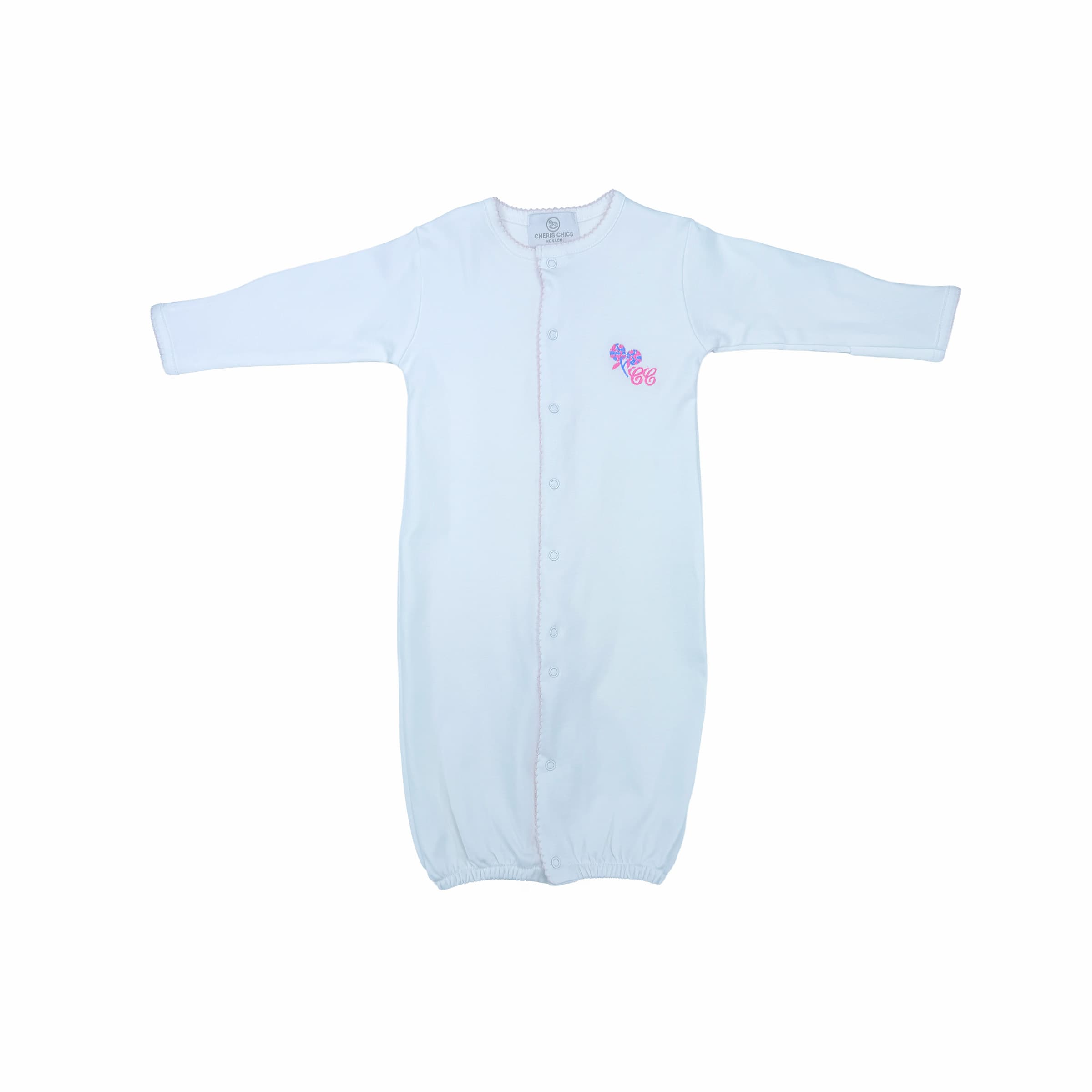 White newborn sleeping gown with Hortensia embroidery – front view