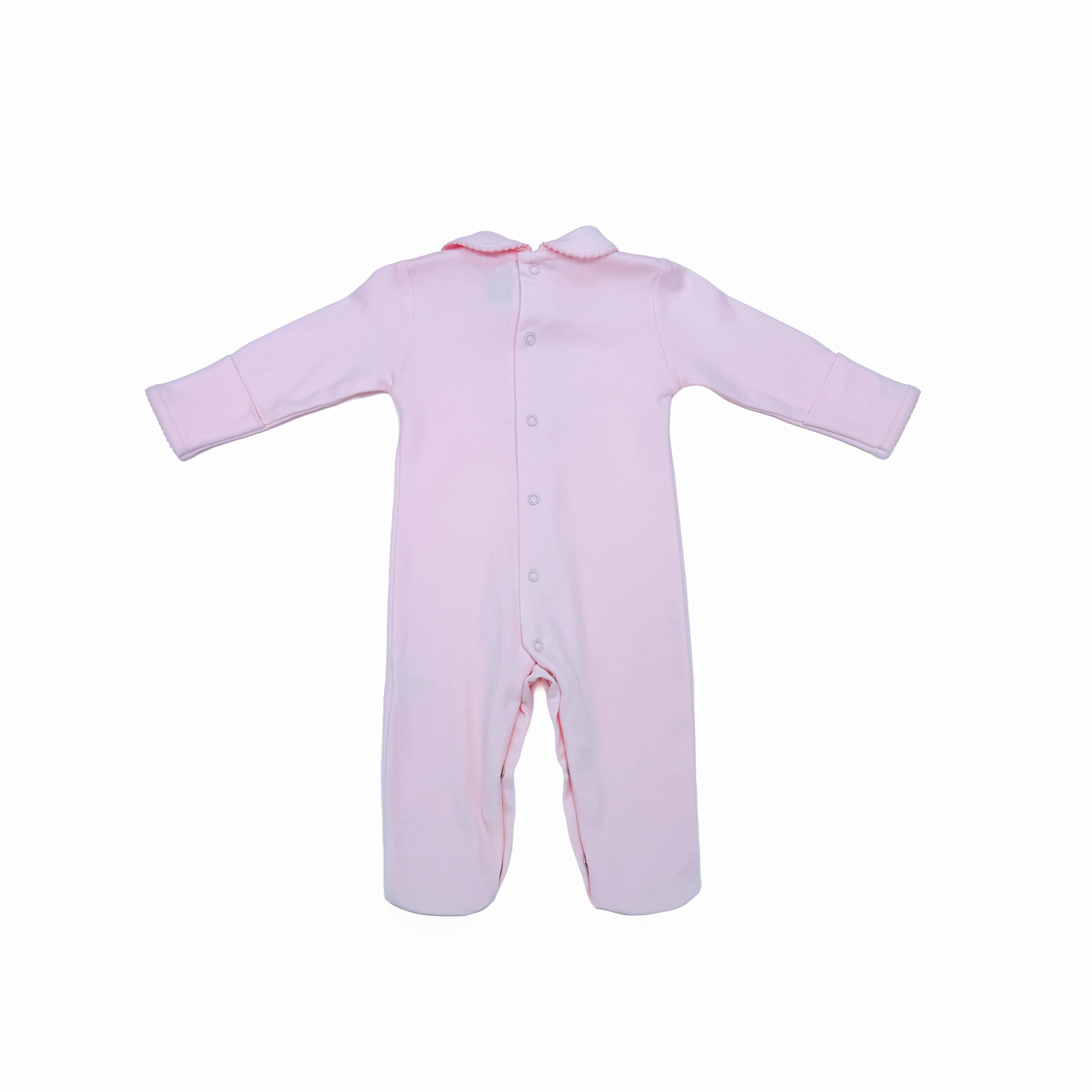 Back view of rose interlock babygrow with smooth soft-touch finish.