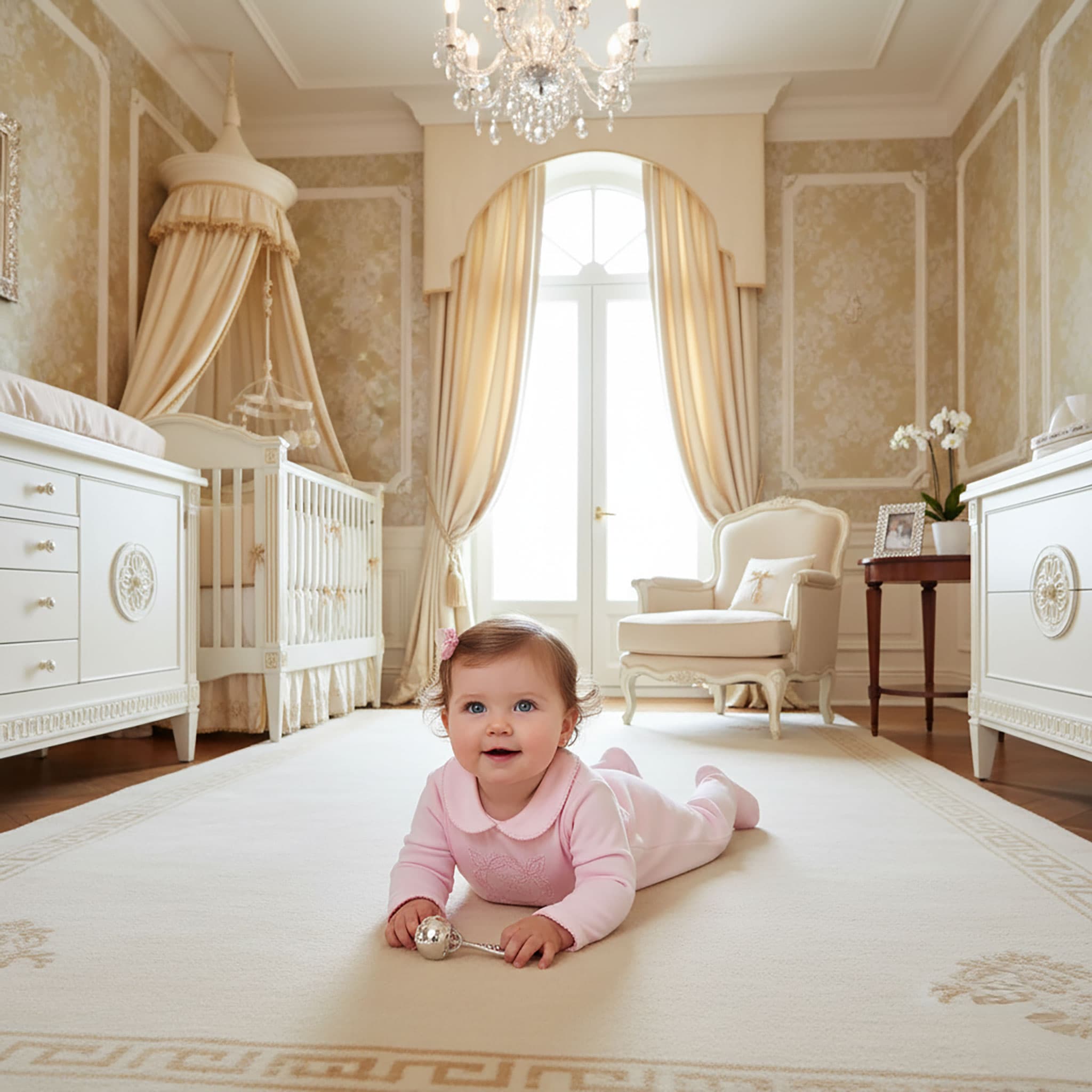 Baby girl wearing rose embroidered babygrow with luxury stitch detailing.