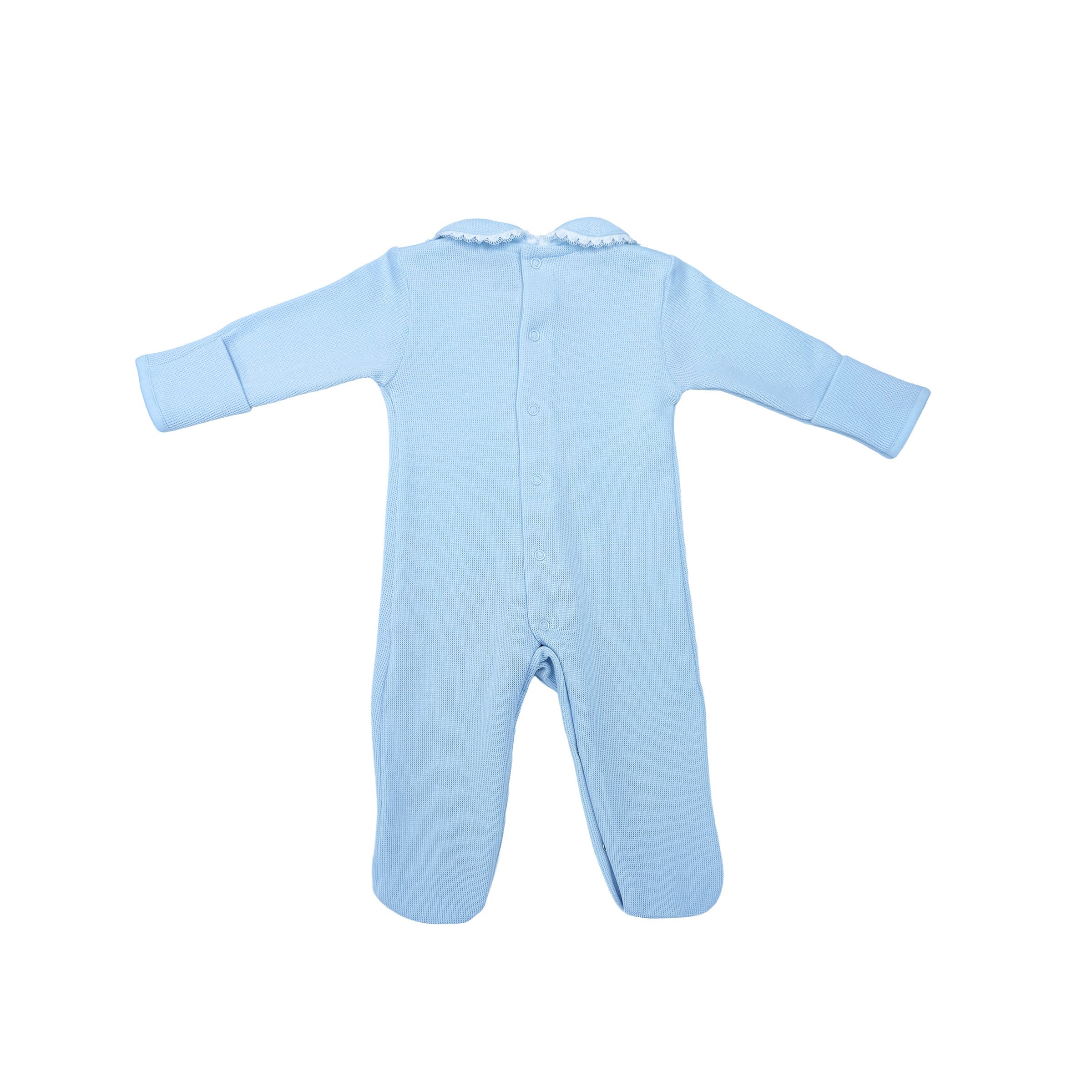Back view of azur special-knit babygrow with lace and soft textured finish.