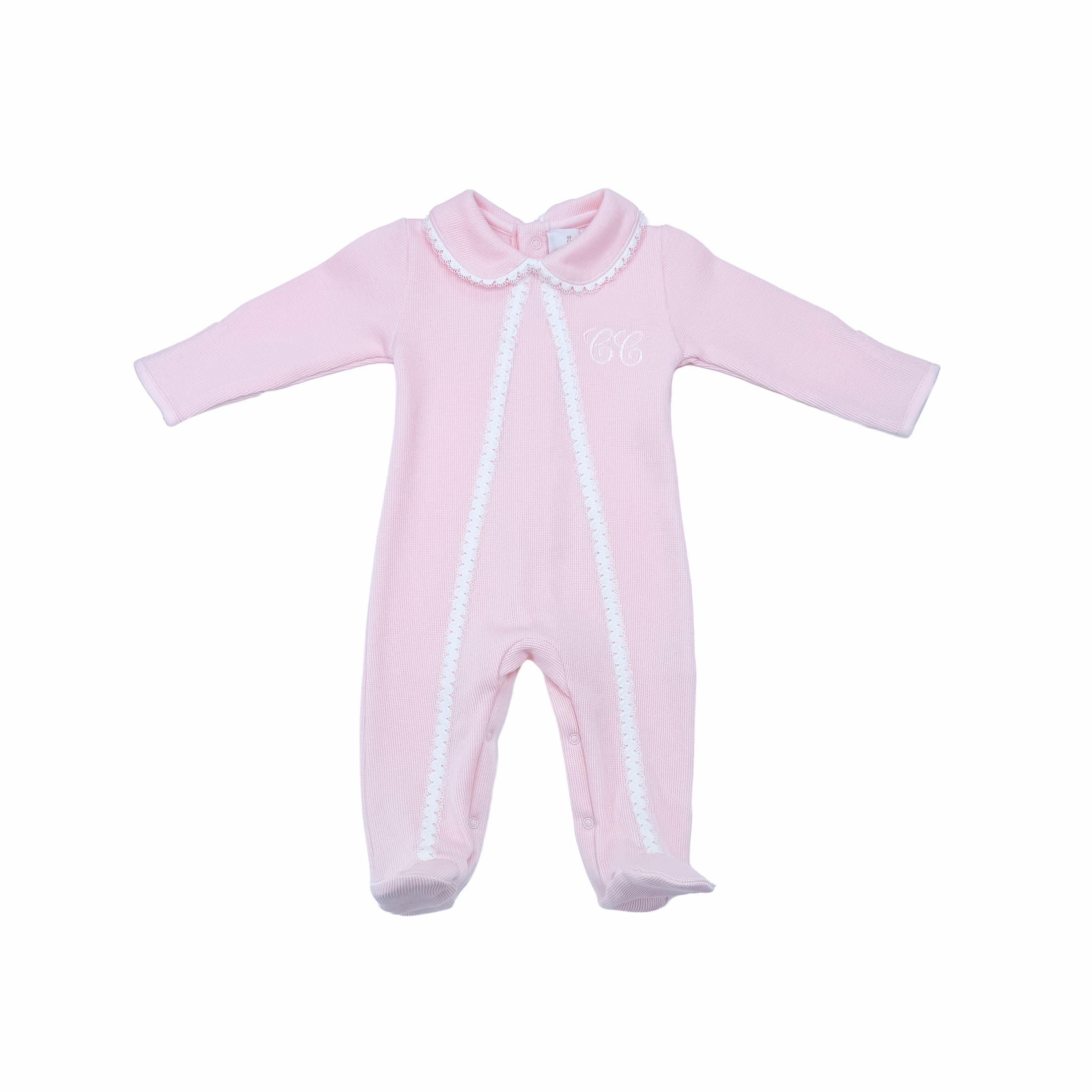 Rose special-knit babygrow with lace trim and embroidery – front view.
