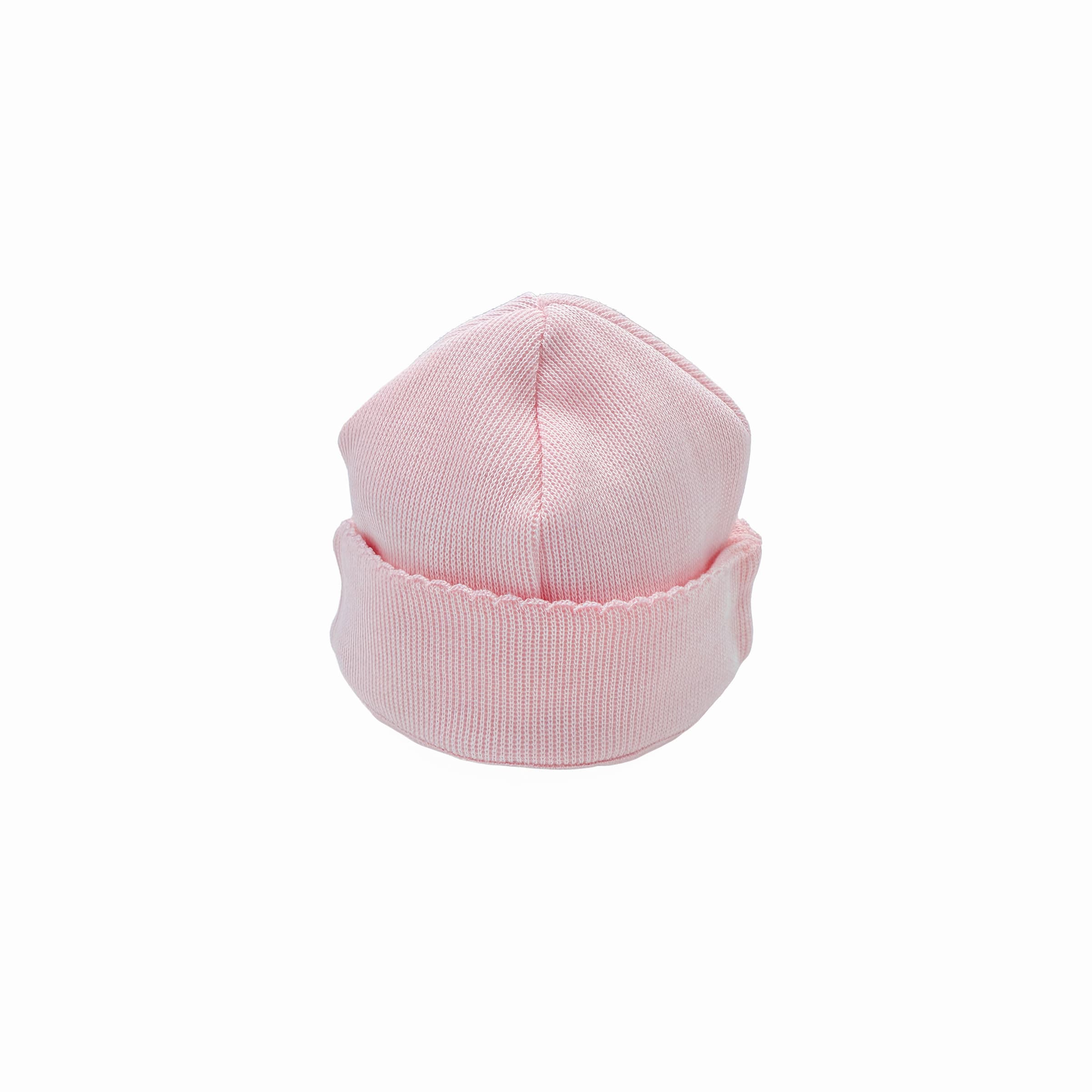 Back view of rose special-knit baby girl hat with smooth finish