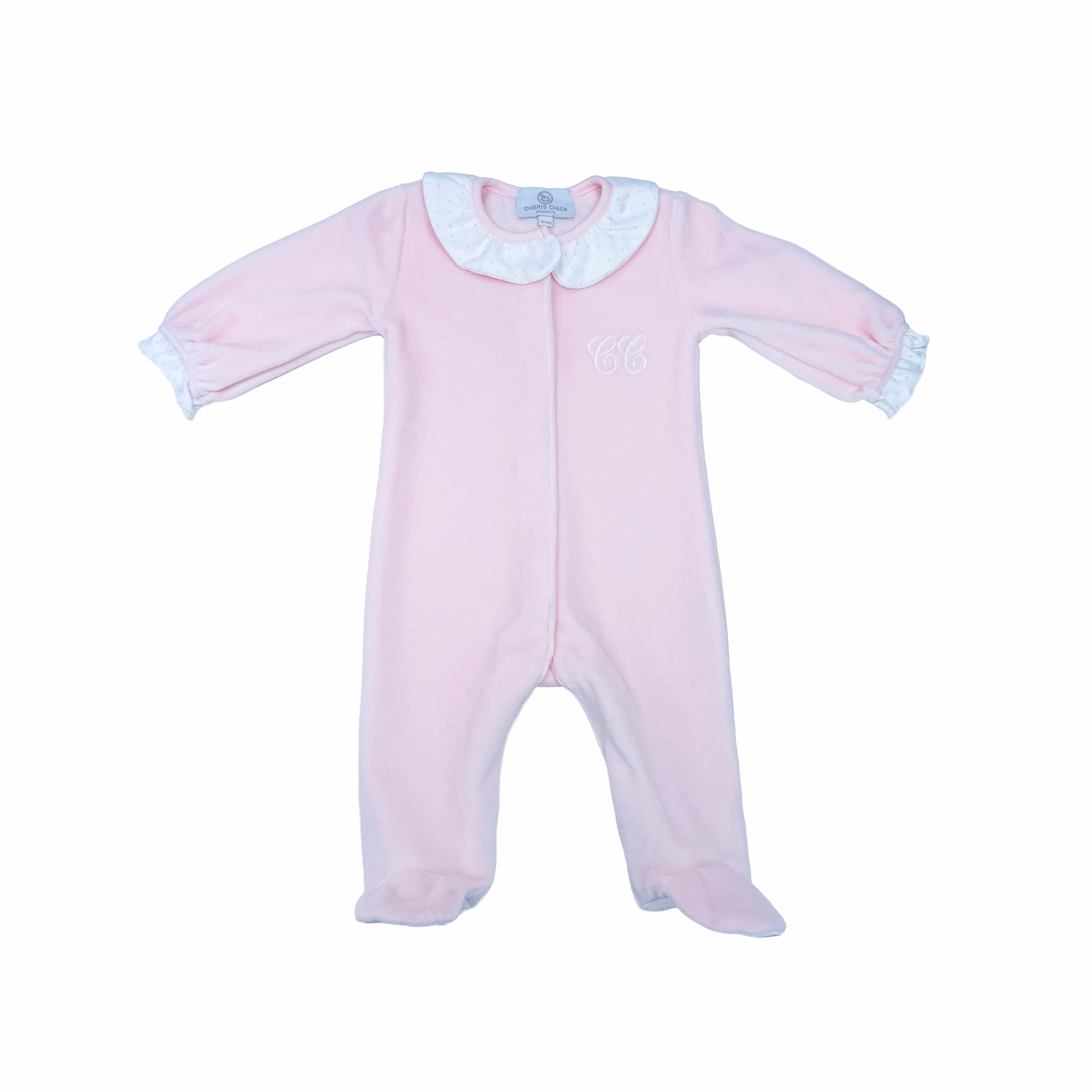 Rose velour babygrow with embroidered chest detail and patterned collar – front view