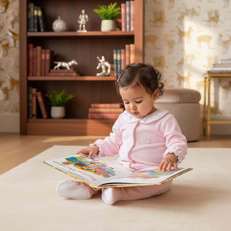 Baby girl wearing rose velour babygrow with embroidery and patterned trims.